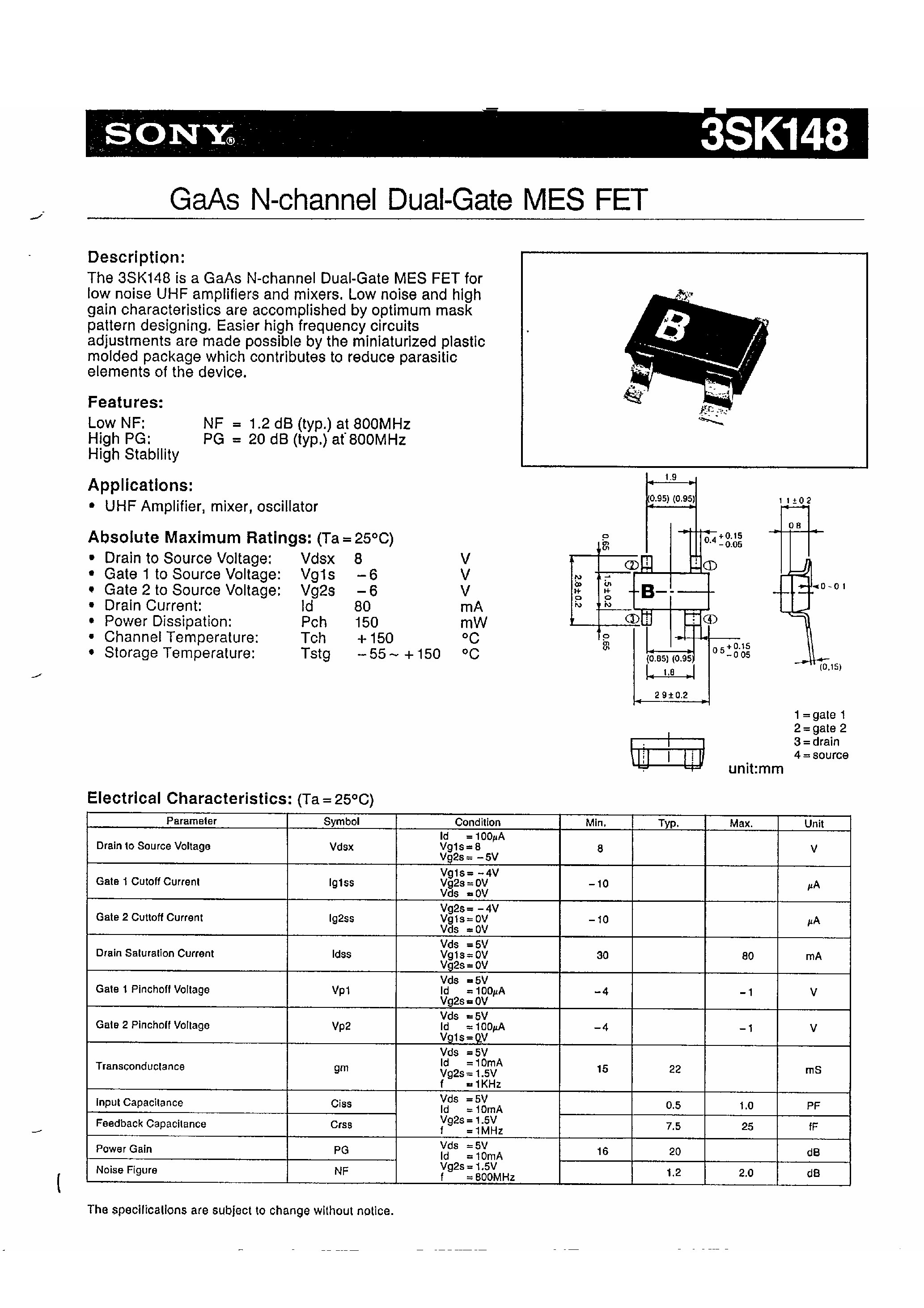 Datasheet 3SK148 - GaAs N-Channel Dual-Gate MES FET page 1