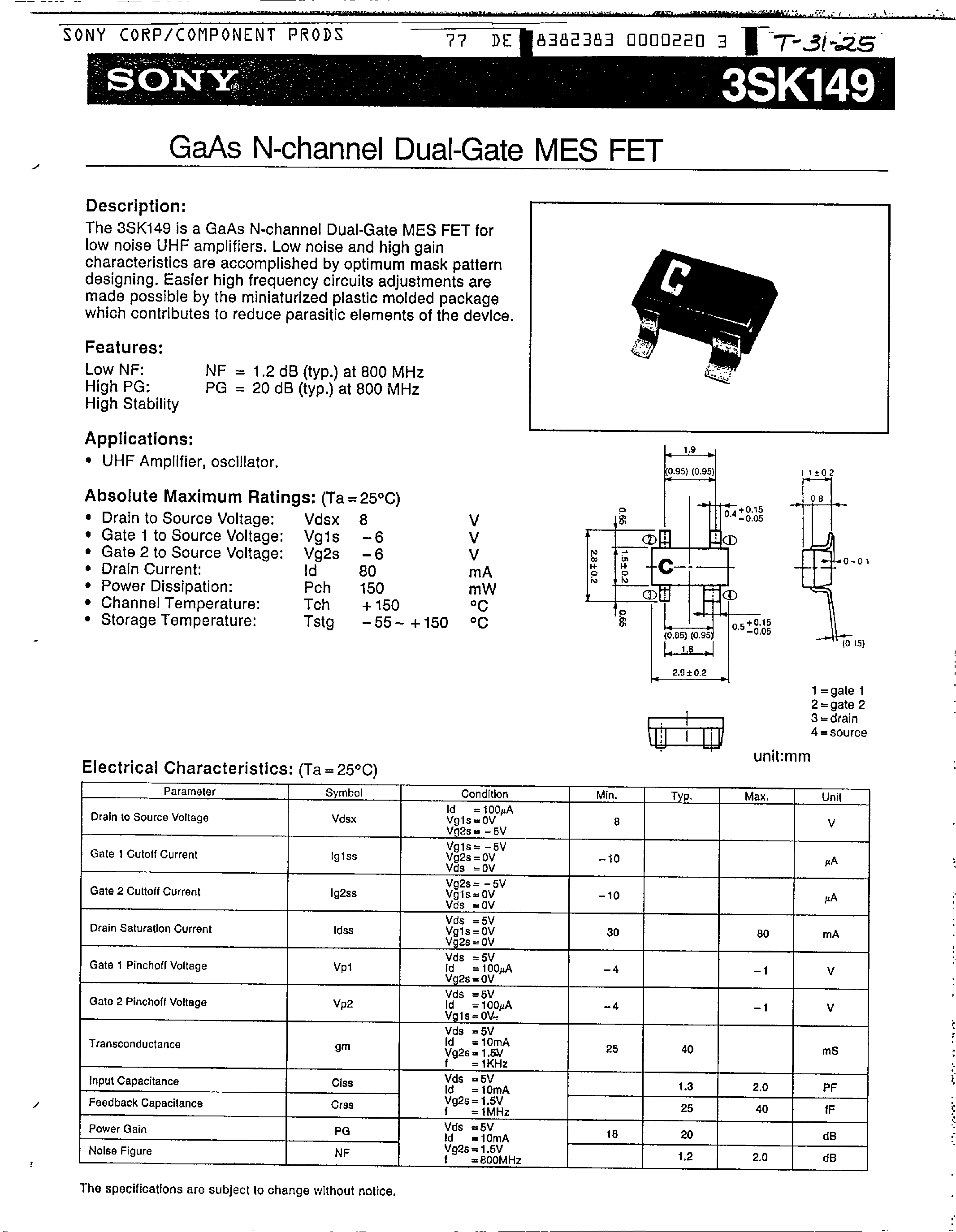 Datasheet 3SK149 - GaAs N-Channel Dual-Gate MES FET page 1