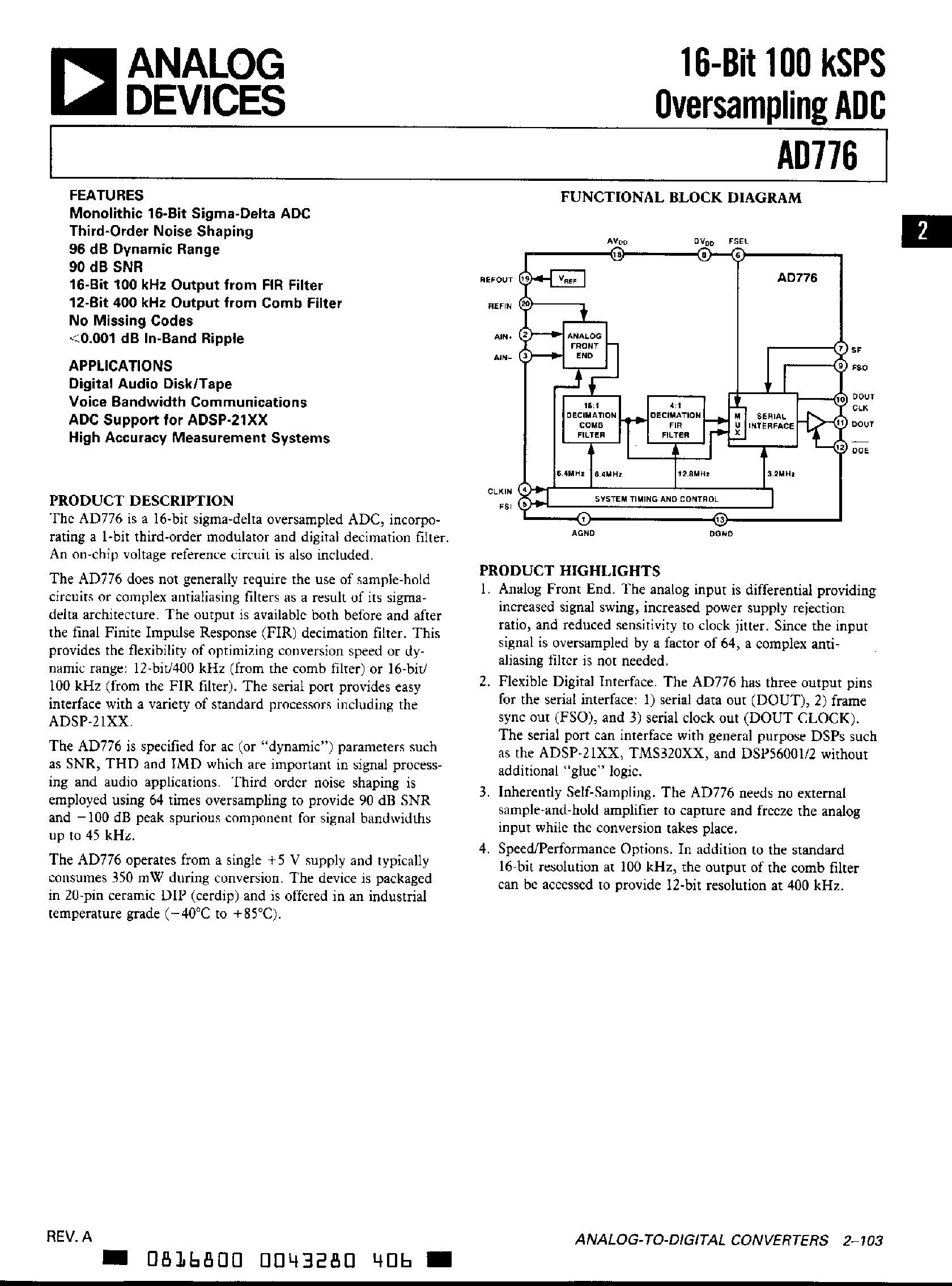 Datasheet AD776AQ page 1 Datasheet AD776AQ - 16 Bit kSPS Oversampling ADC page 1