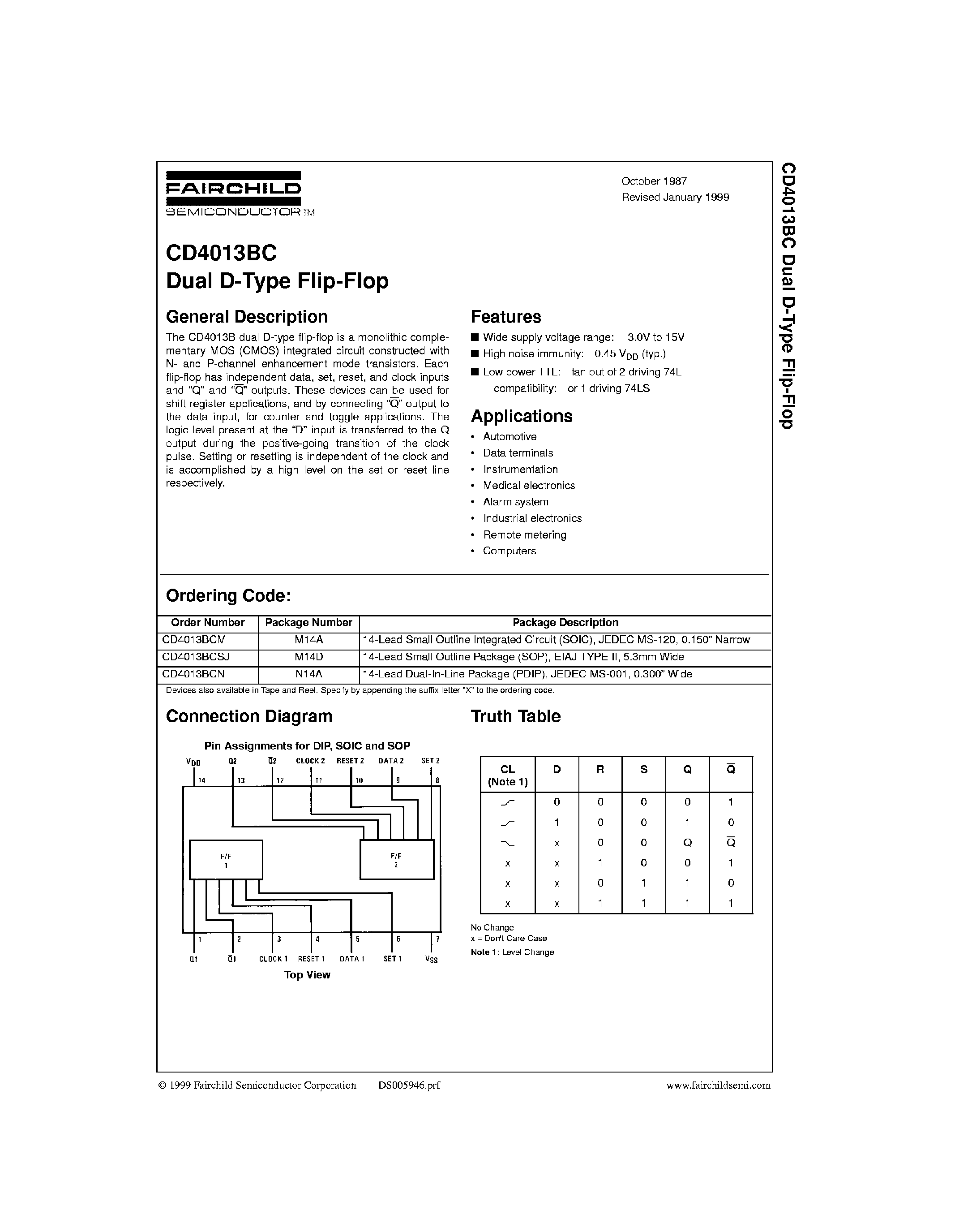 Datasheet 4013 - Dual D-Type Flip-Flop page 1