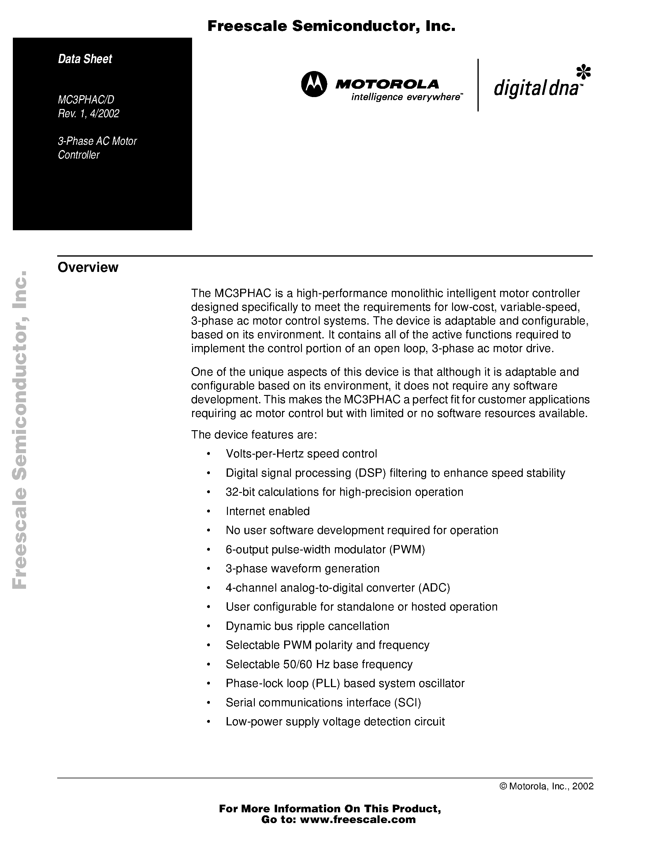 Datasheet MC3PHAC page 1 Datasheet MC3PHAC - 3-Phase AC Motor Controller page 1