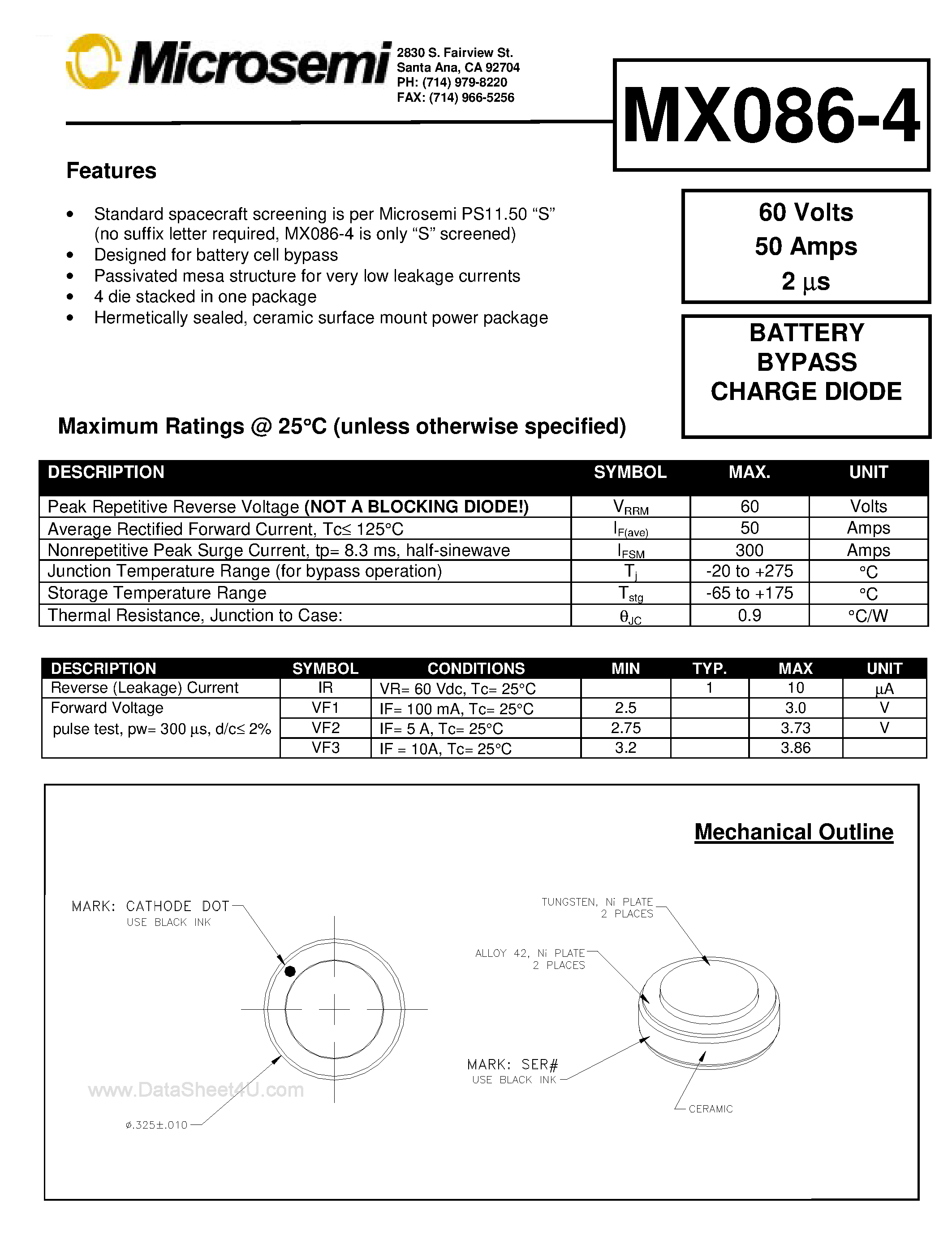 Datasheet MX086-4 - Battery Bypass Charge Diode page 1