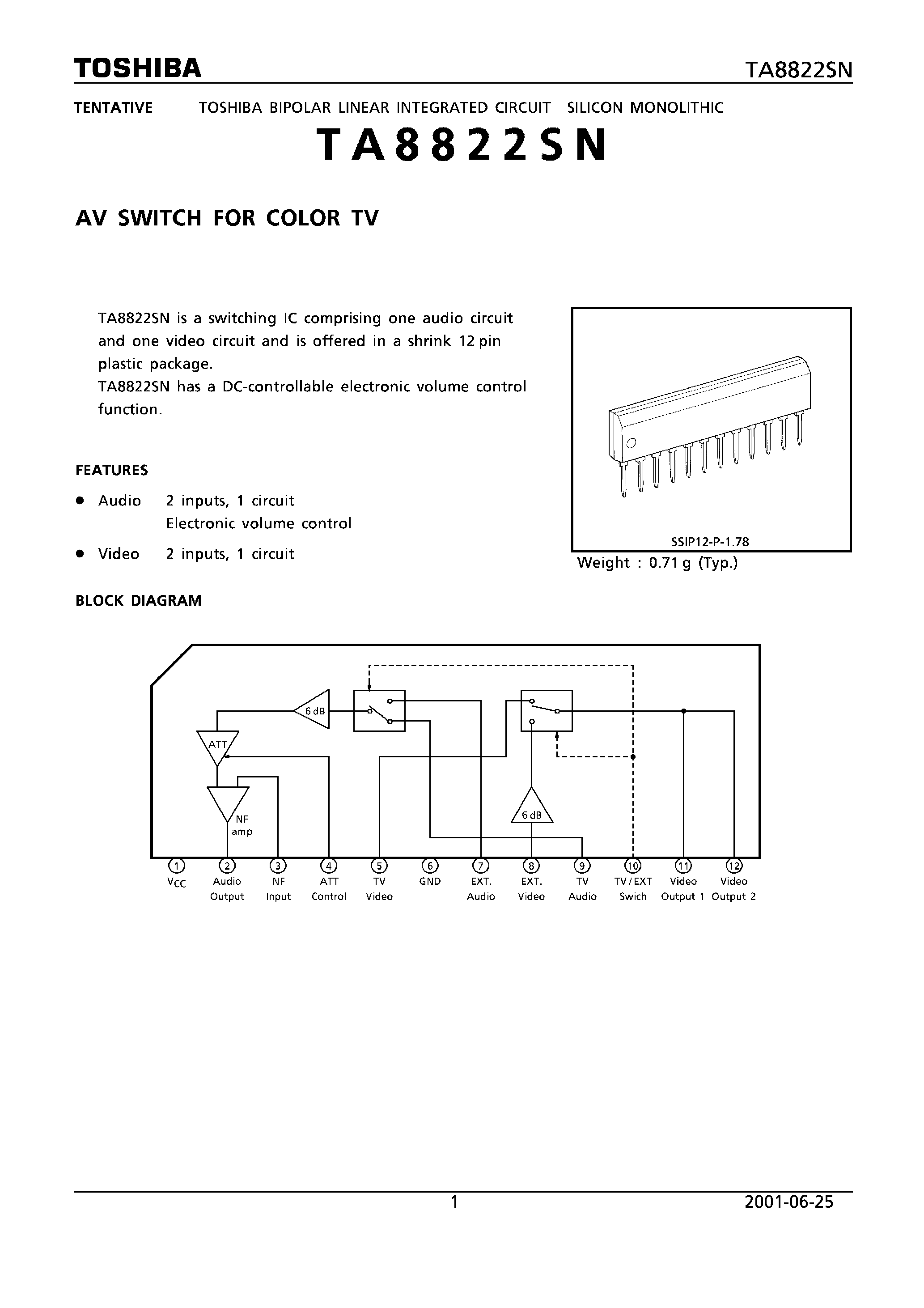 Datasheet TA8822SN page 1 Datasheet TA8822SN - AV SWITCH FOR COLOR TV page 1