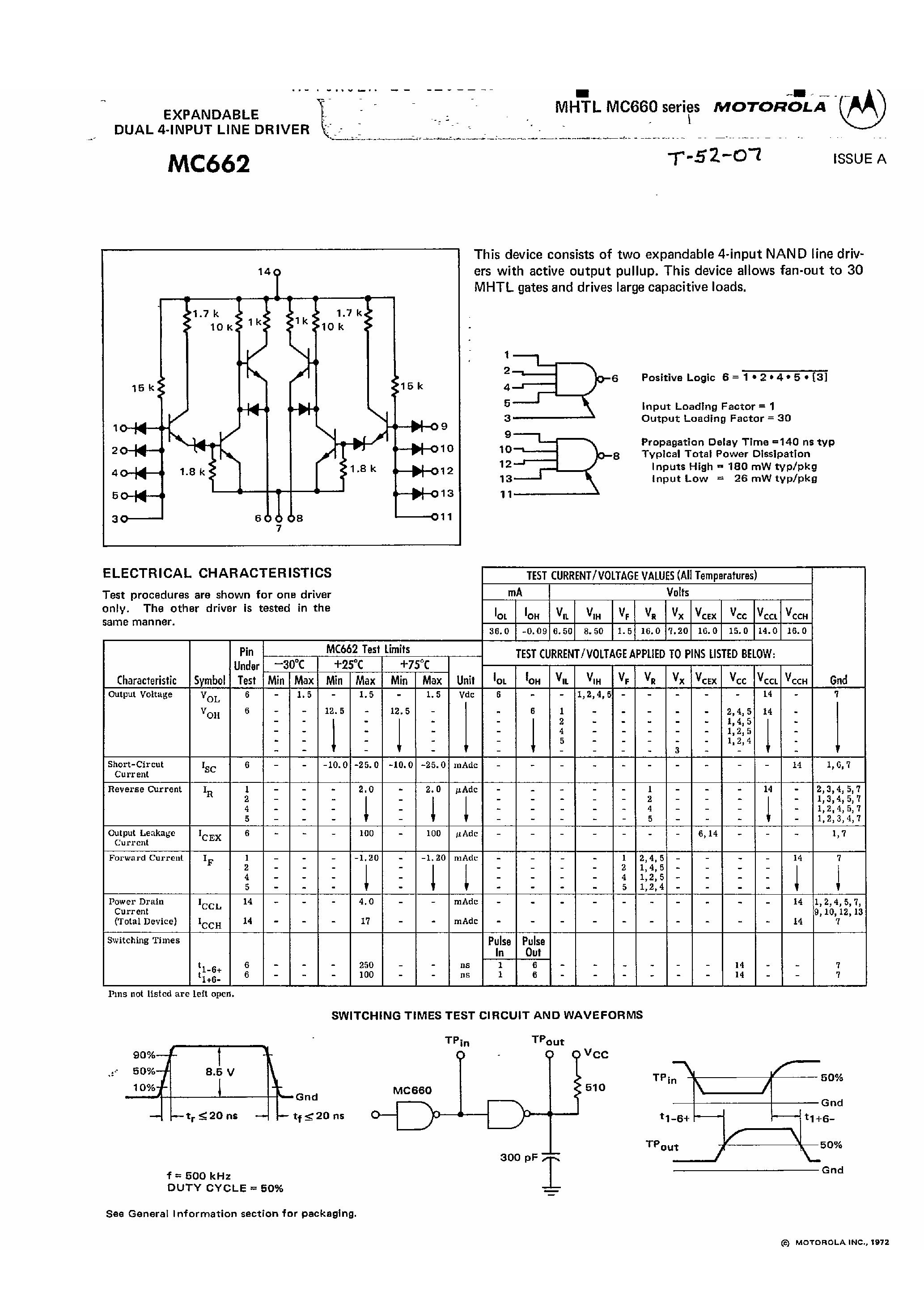 Datasheet MC662 - Expandable Dual 4 Input Line Driver page 1