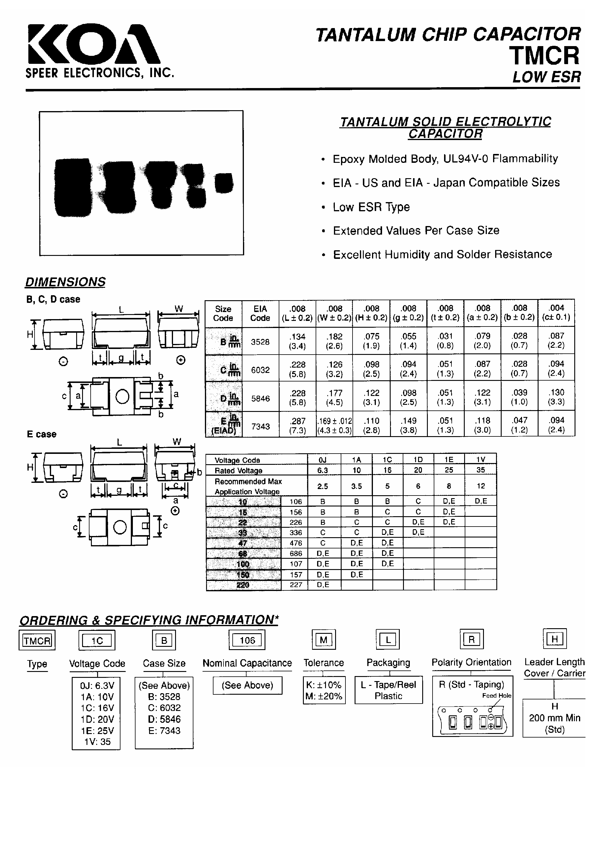 Datasheet TMCR1xx - Tantalum Chip Capacitor page 1