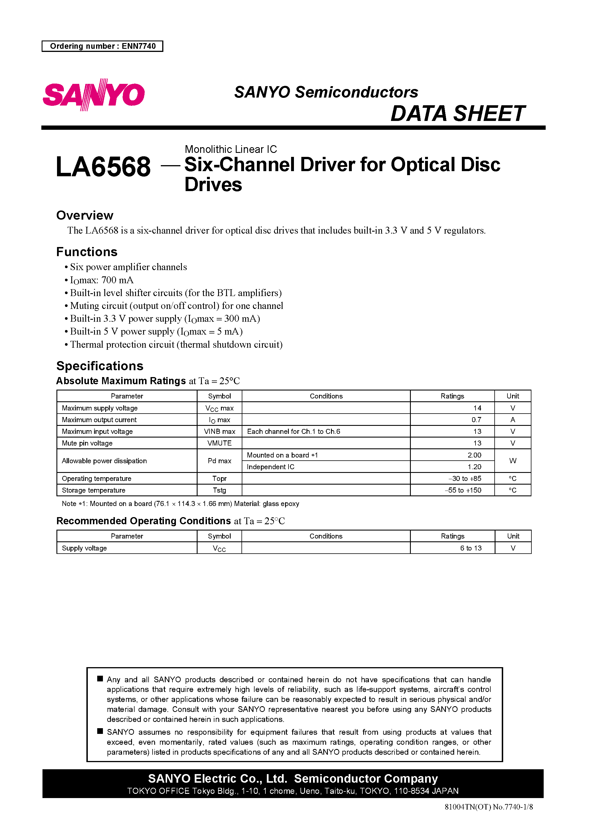 Datasheet LA6568 - 6-Channel Driver for Optical Disc Drives page 1