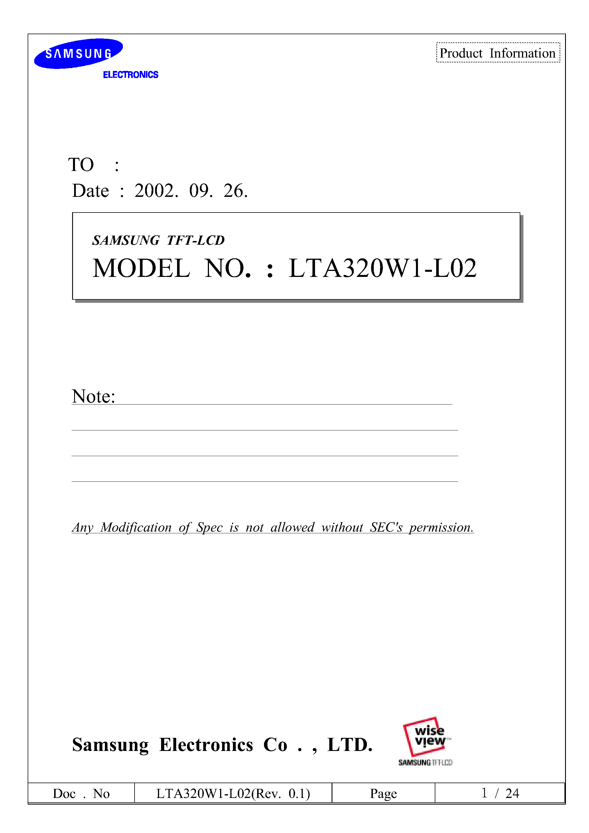 Datasheet LTA320W1-L02 page 1 Datasheet LTA320W1-L02 - TFT LCD page 1