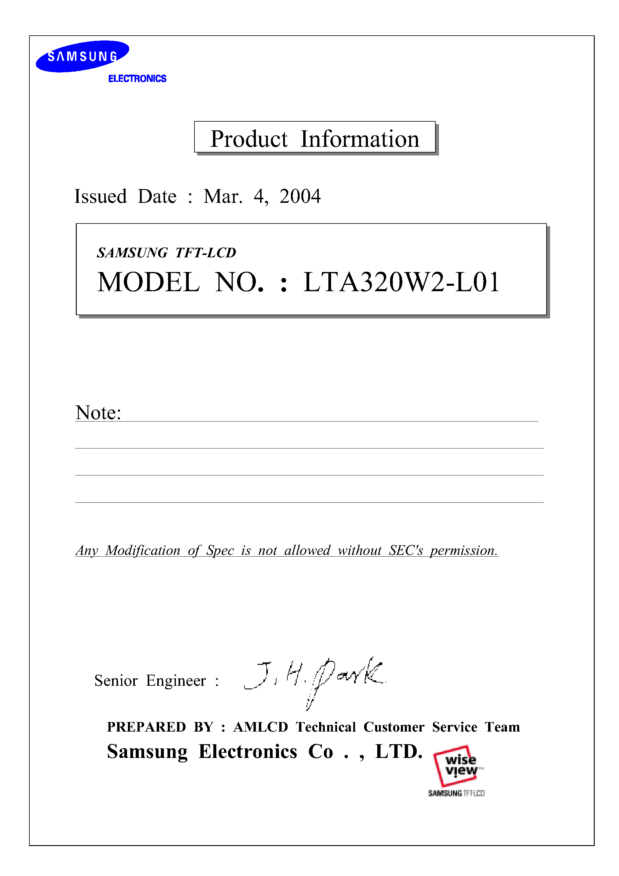 Datasheet LTA320W2-L01 page 1 Datasheet LTA320W2-L01 - TFT LCD page 1