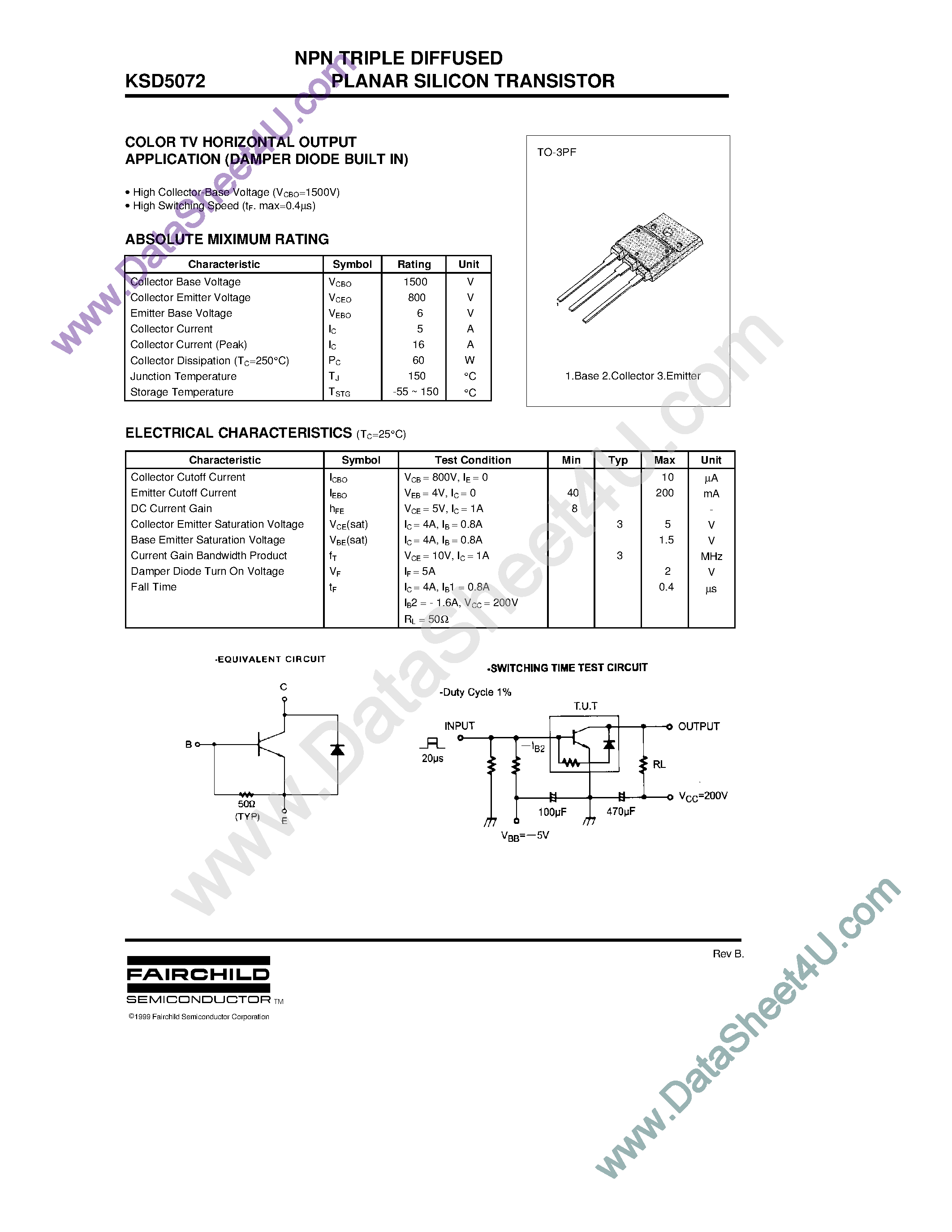 Даташит на микросхему KSD5072 страница 1 Даташит KSD5072 - Color TV Horizontal Output Application страница 1