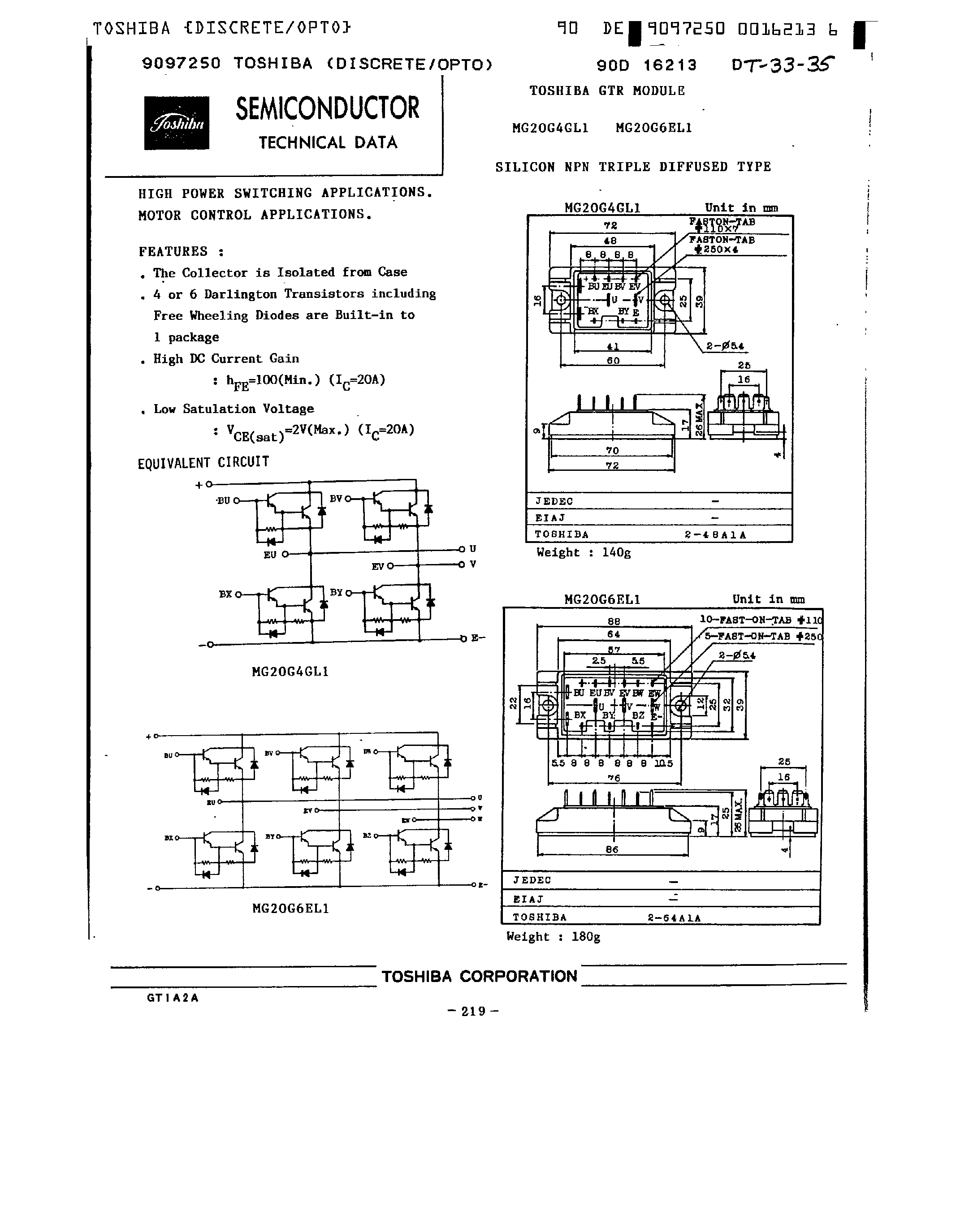 Datasheet MG20G4GL1 page 1 Datasheet MG20G4GL1 - High Power Switching Applications page 1