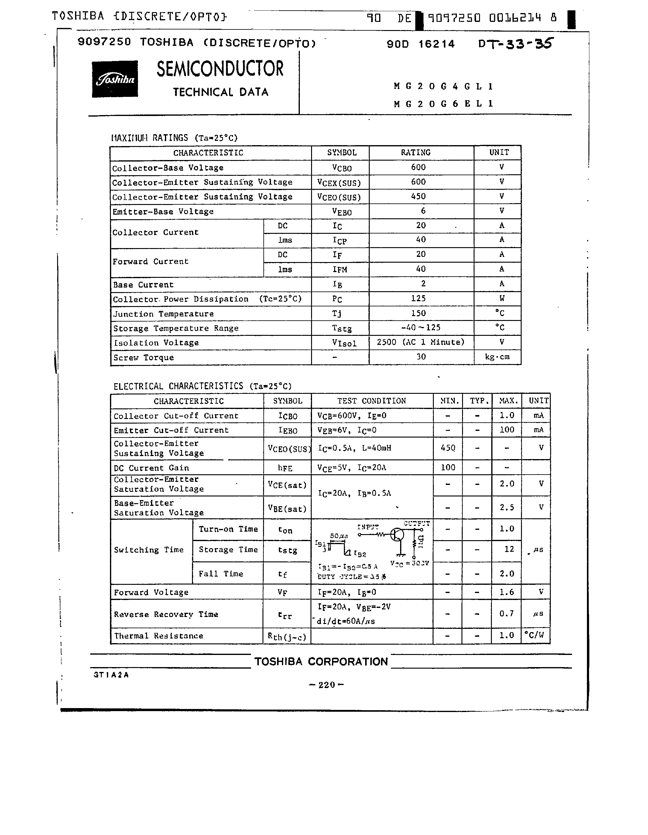 Datasheet MG20G4GL1 page 2 Datasheet MG20G4GL1 - High Power Switching Applications page 2