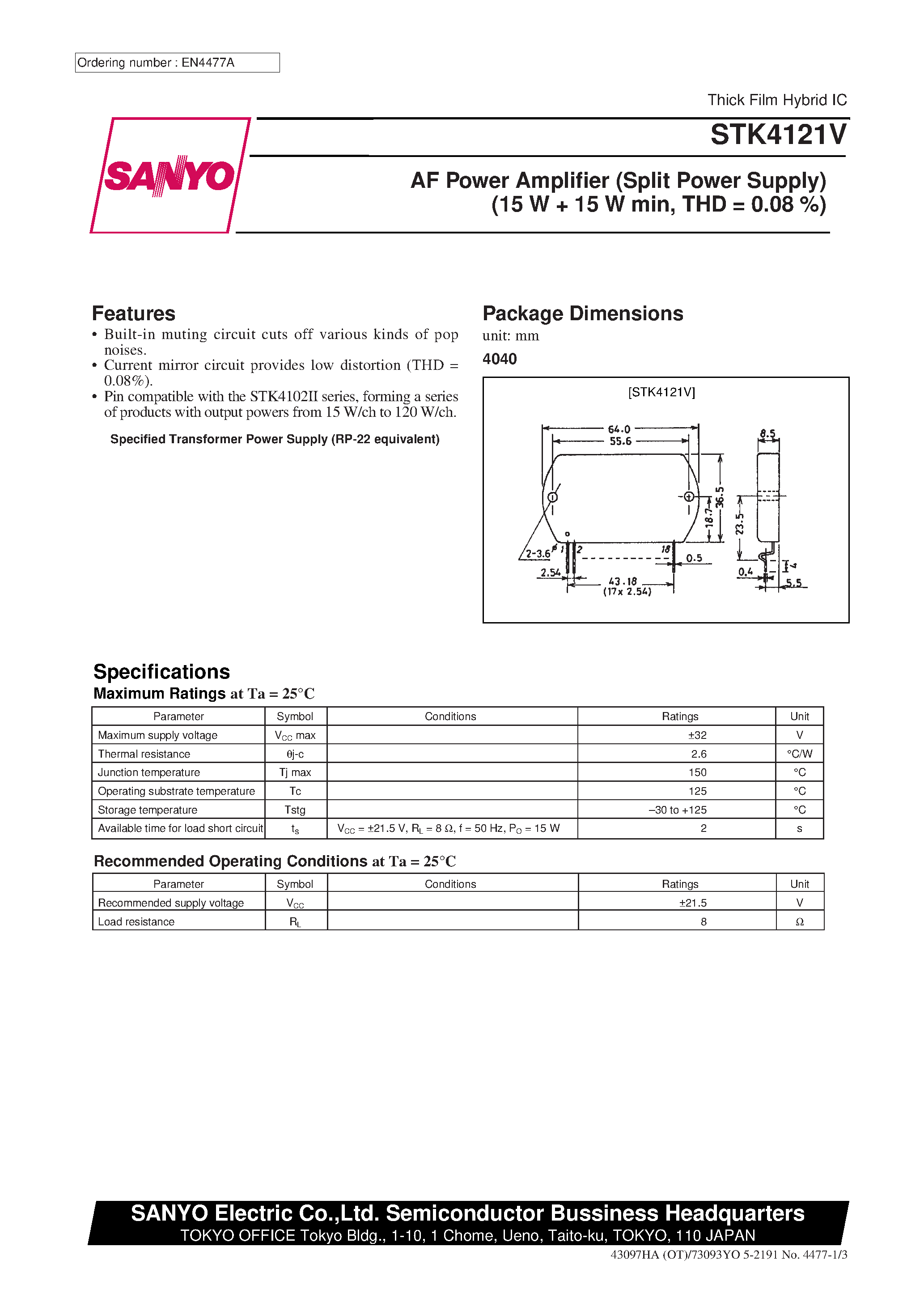Datasheet STK4121V page 1 Datasheet STK4121V - AF Power Amplifier page 1