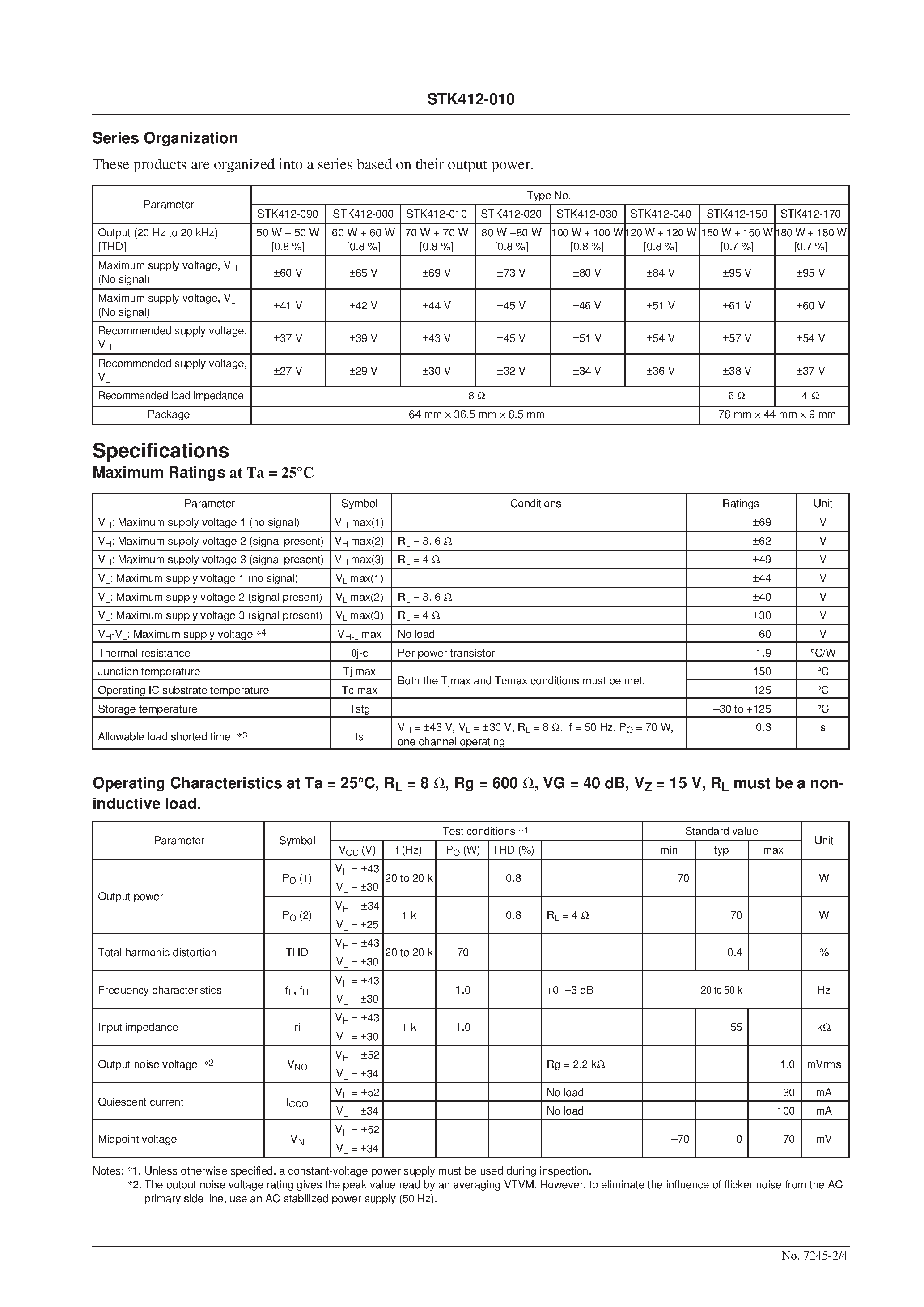 Datasheet STK412-010 page 2 Datasheet STK412-010 - Two-Channel Shift Power Supply Audio Power Amplifier ICs(70W + 70 W) page 2