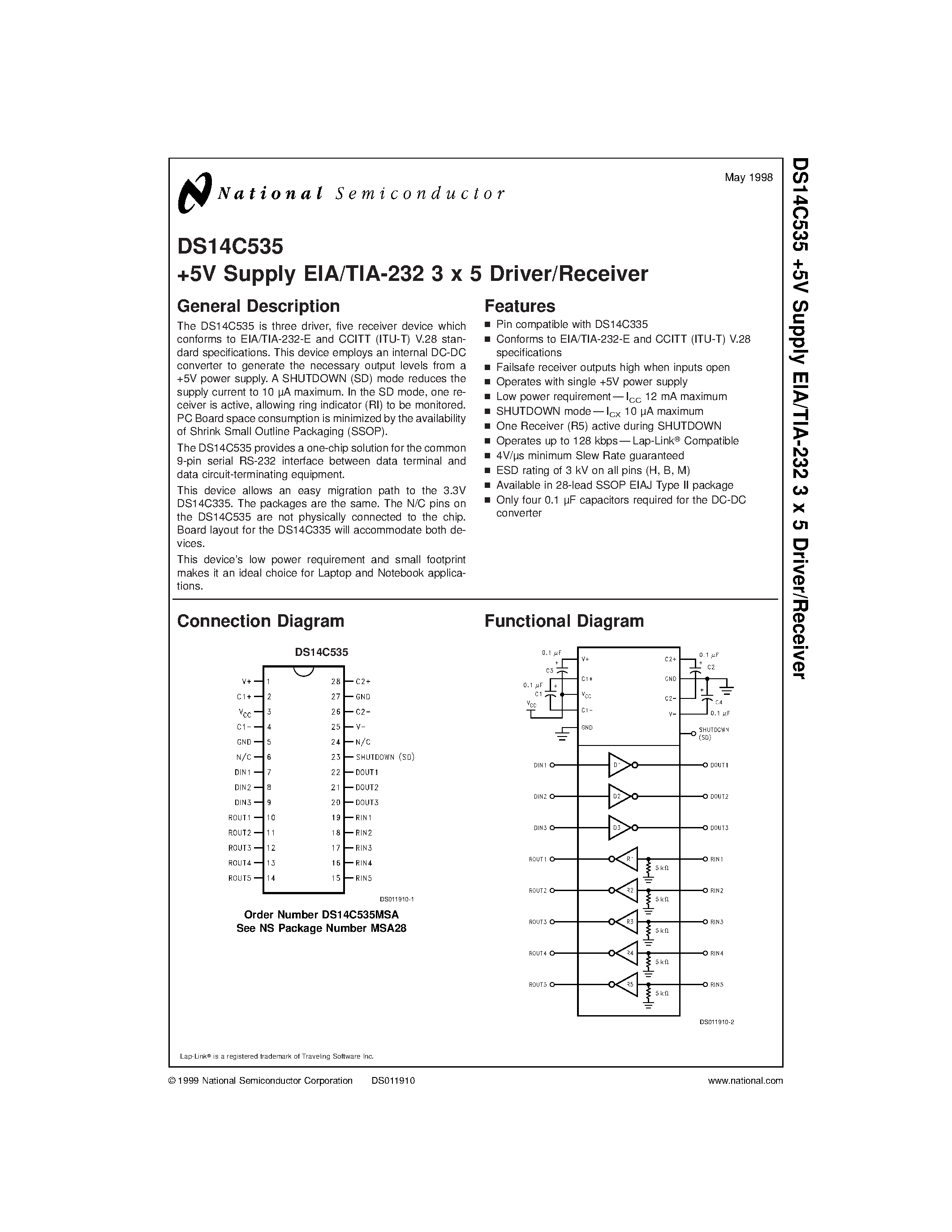 Datasheet DS14C535 page 1 Datasheet DS14C535 - +5V Supply EIA/TIA-232 3 x 5 Driver/Receiver page 1