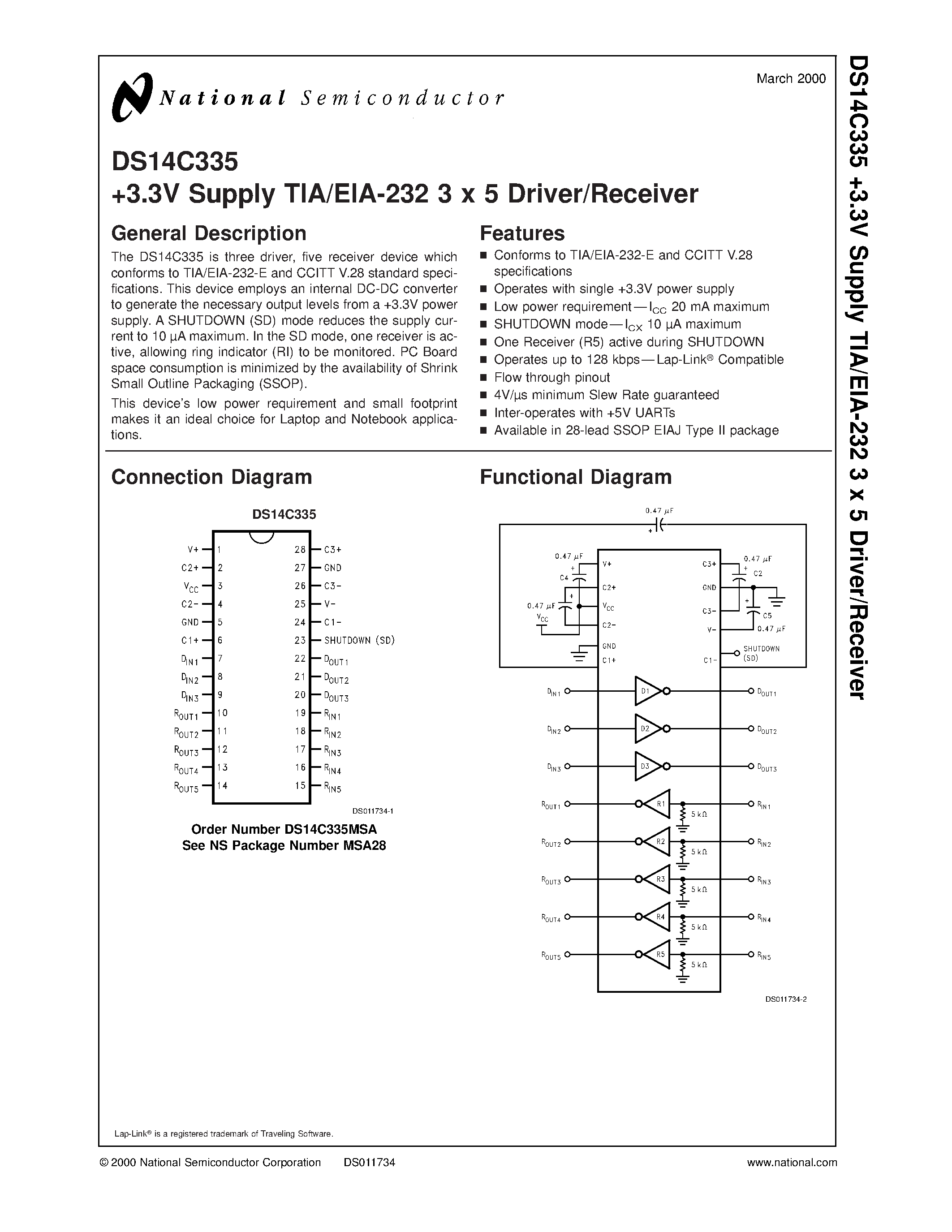 Datasheet DS14C335 - +3.3V Supply TIA/EIA-232 3 x 5 Driver/Receiver page 1