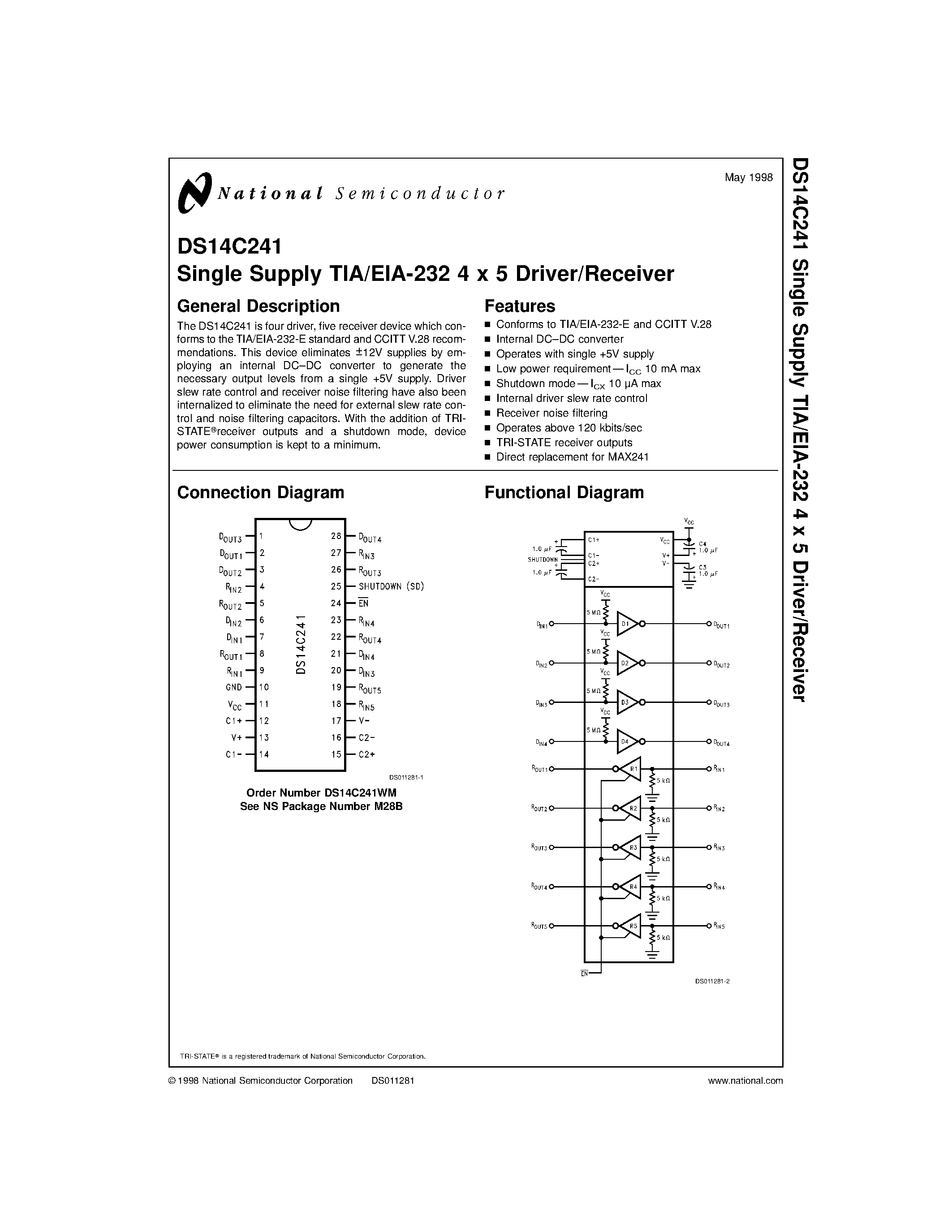Datasheet DS14C241 - Single Supply TIA/EIA-232 4 x 5 Driver/Receiver page 1