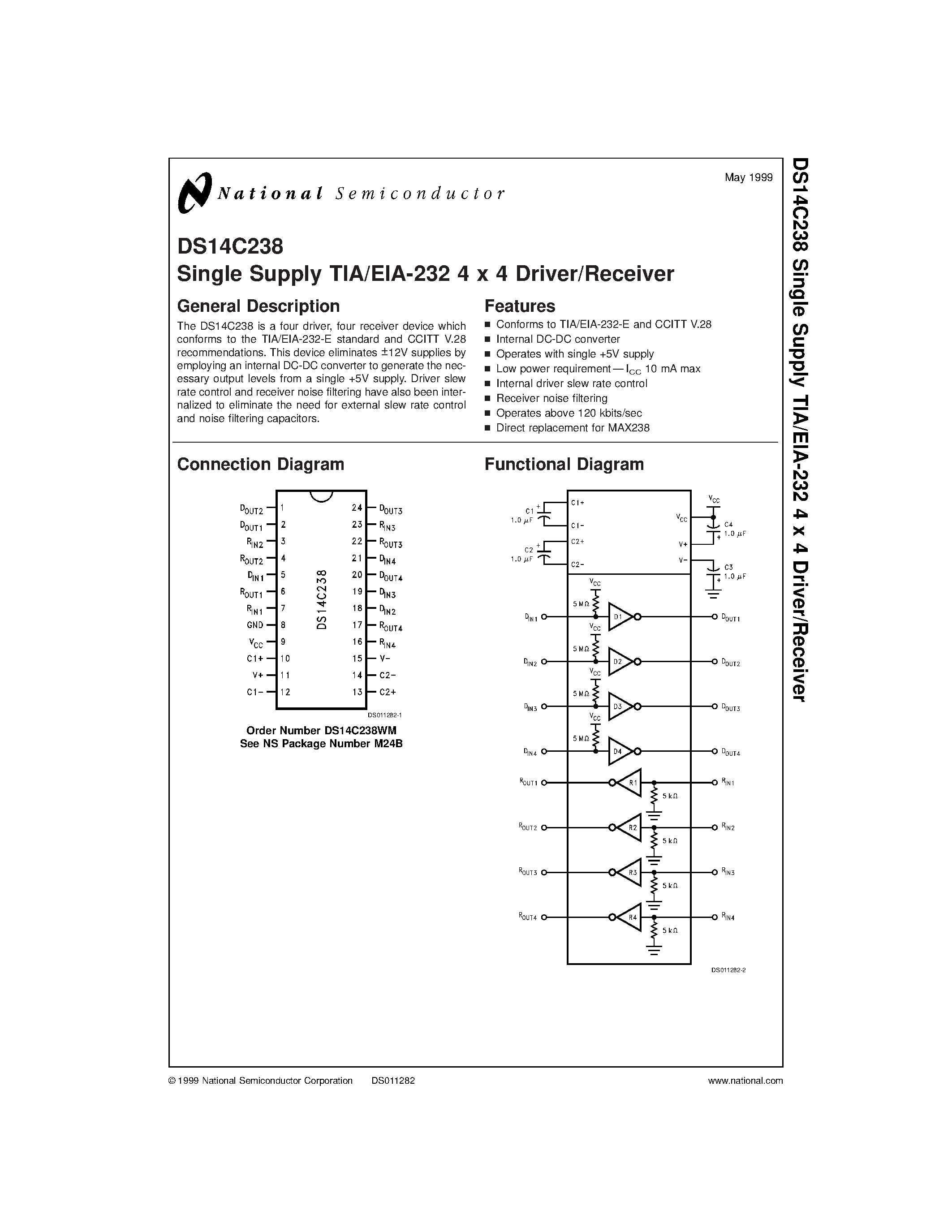 Datasheet DS14C238 page 1 Datasheet DS14C238 - Single Supply TIA/EIA-232 4 x 4 Driver/Receiver page 1