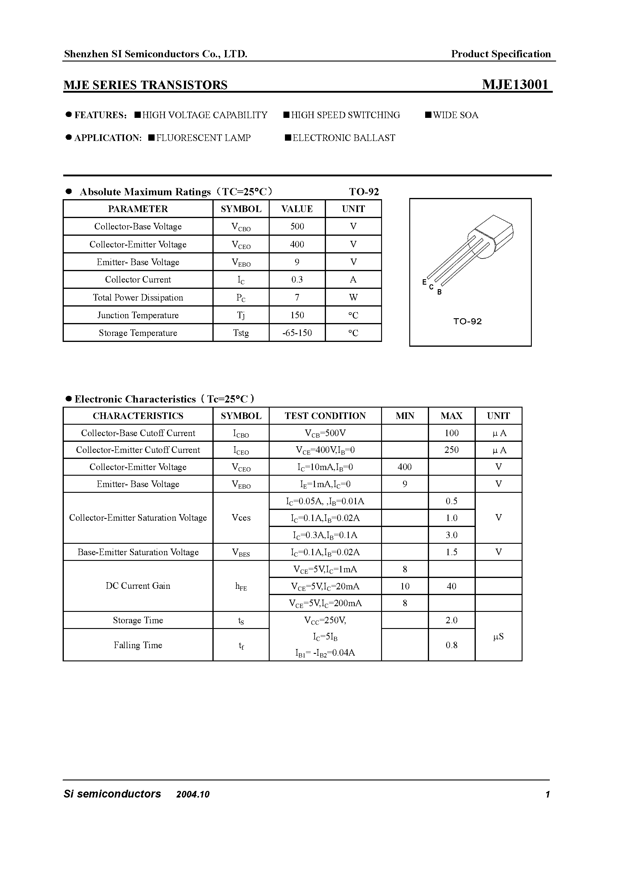 Datasheet HMJE13001 - MJE Series Transistors page 1