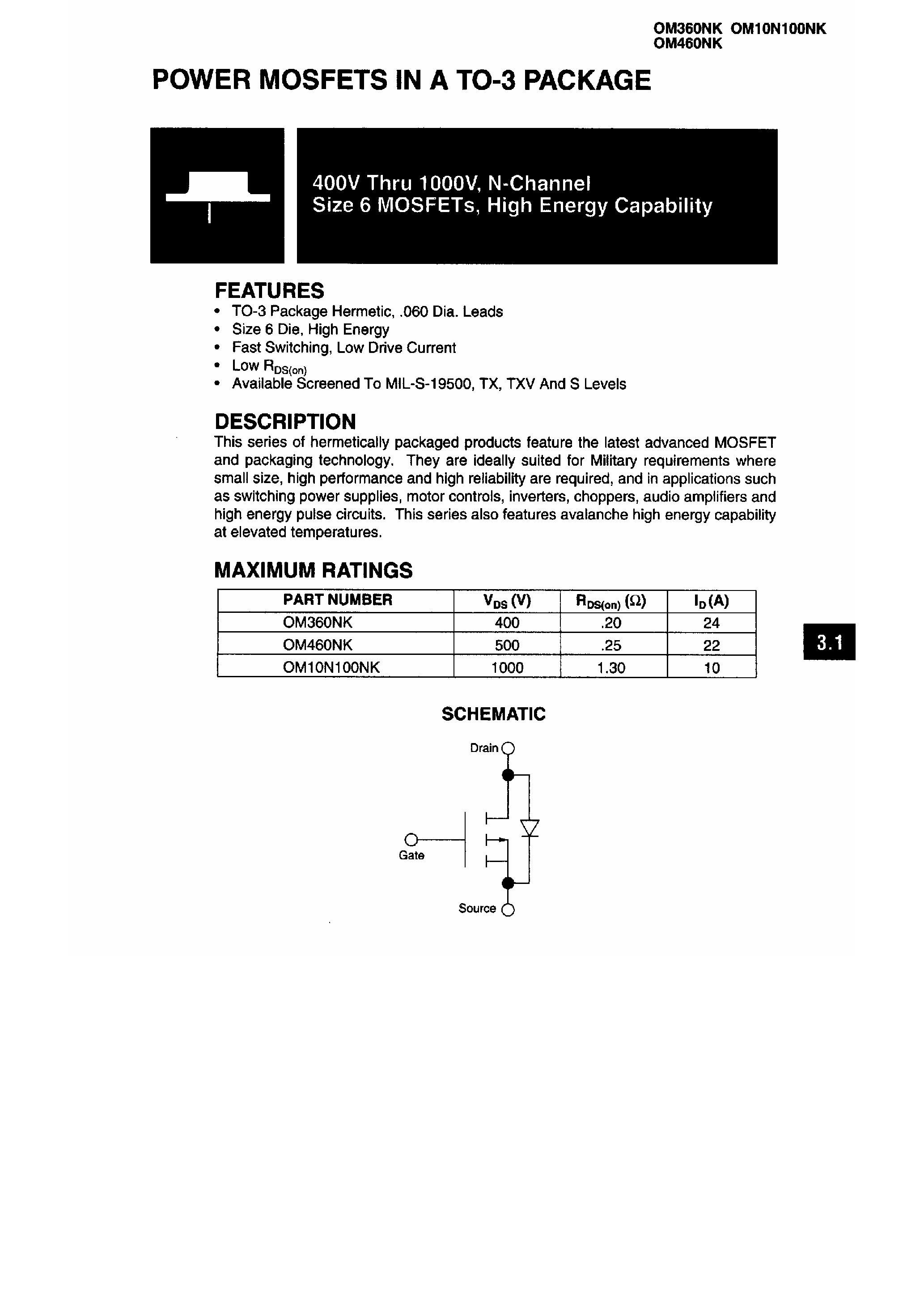 Datasheet OM360NK - Power MOSFETs in a TO-3 Package page 1