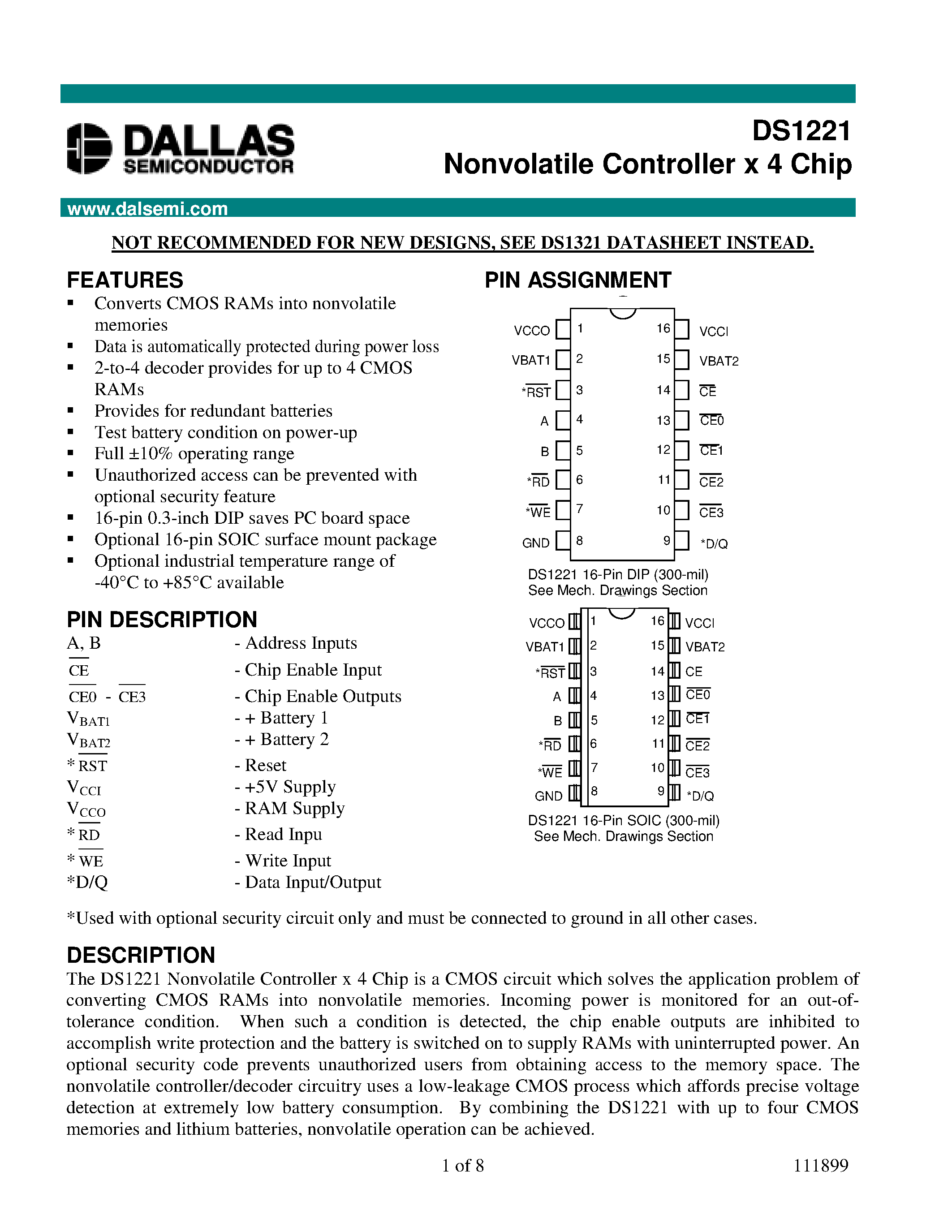 Datasheet DS1221 page 1 Datasheet DS1221 - Nonvolatile Controller x 4 Chip page 1