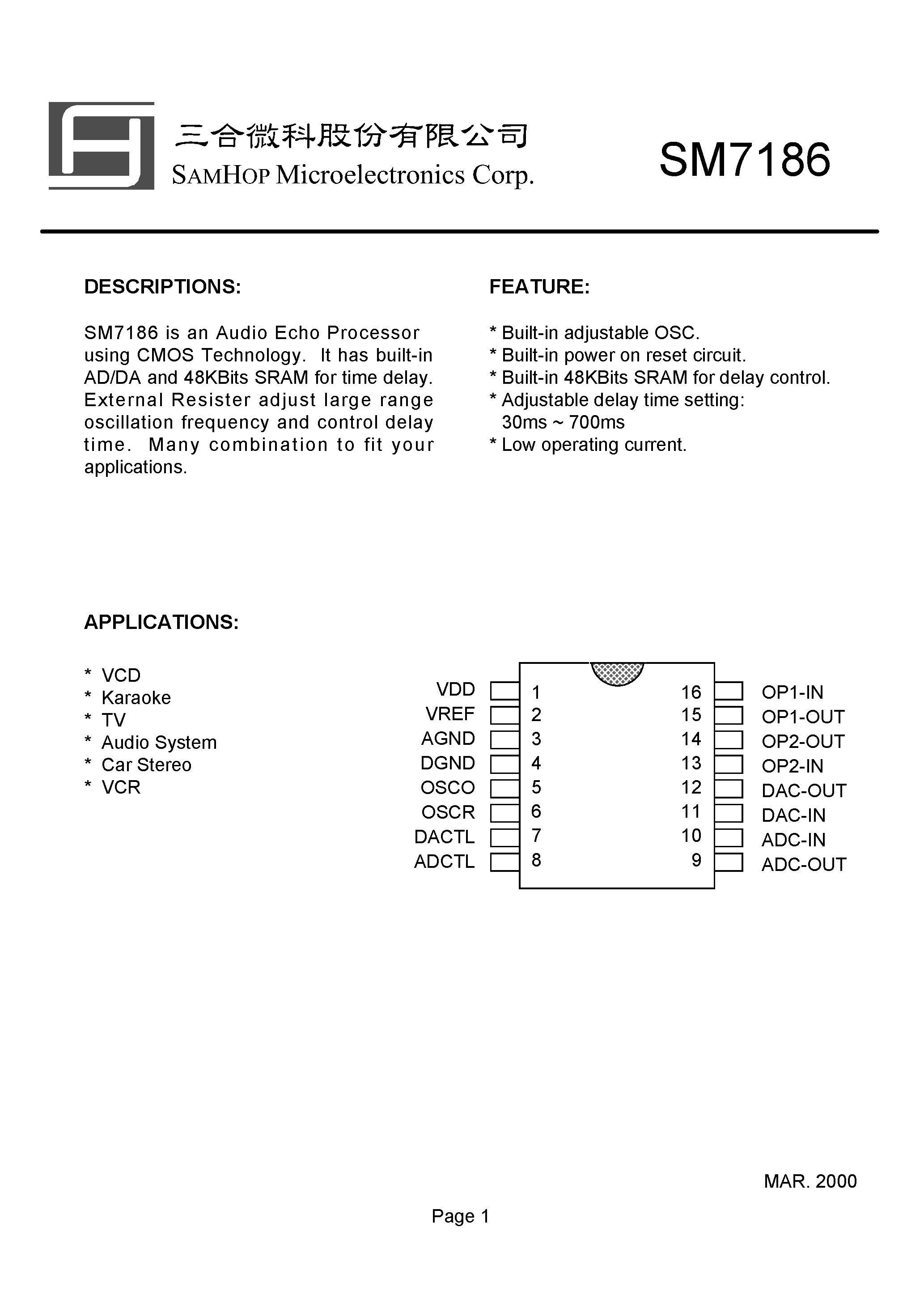 Datasheet SM7186 page 1 Datasheet SM7186 - Built-in adjustable OSC page 1