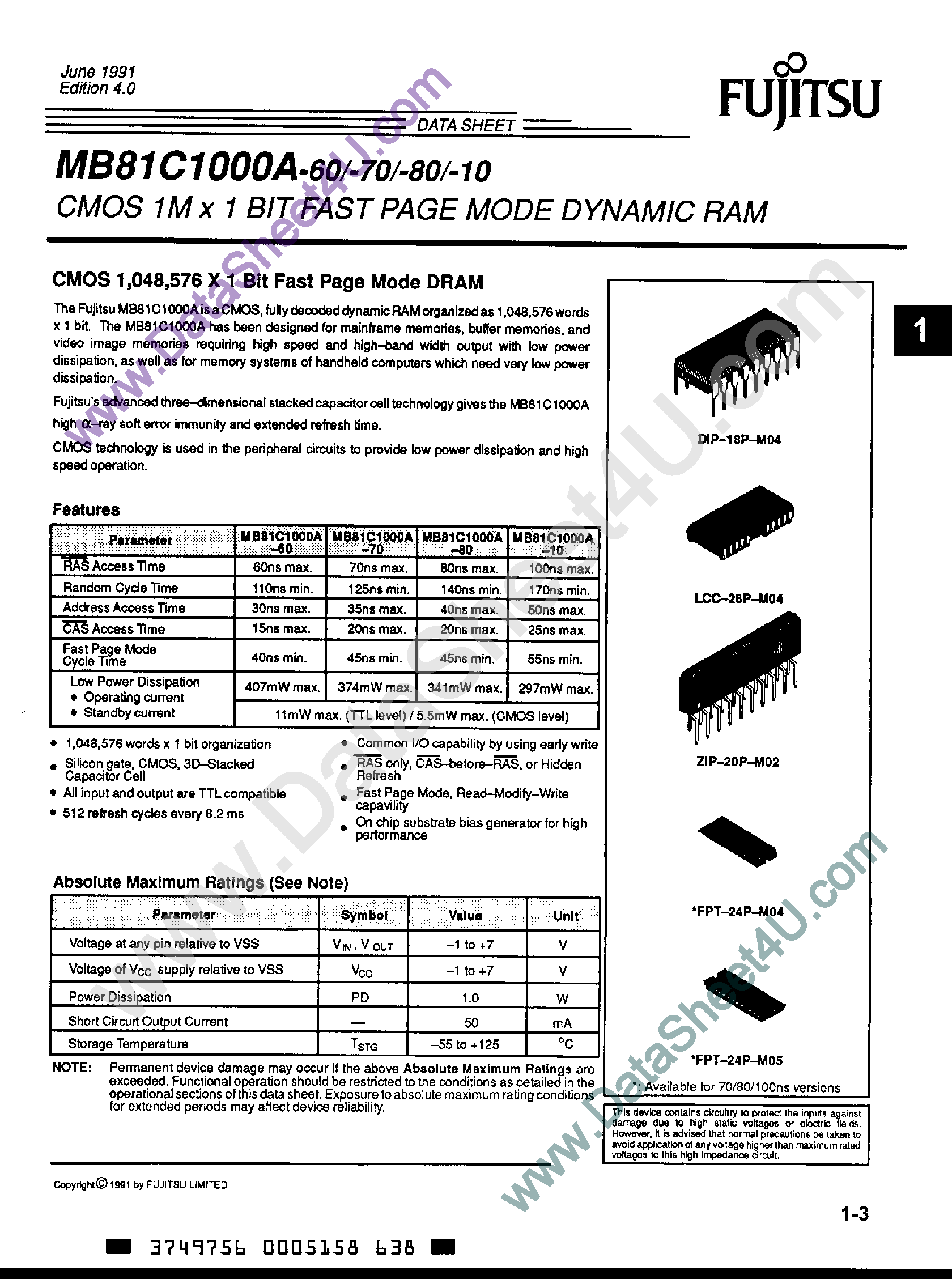 Datasheet MB81C1000A page 1 Datasheet MB81C1000A - CMOS 1M x 1 Bit Fast page Mode Dynamic RAM page 1