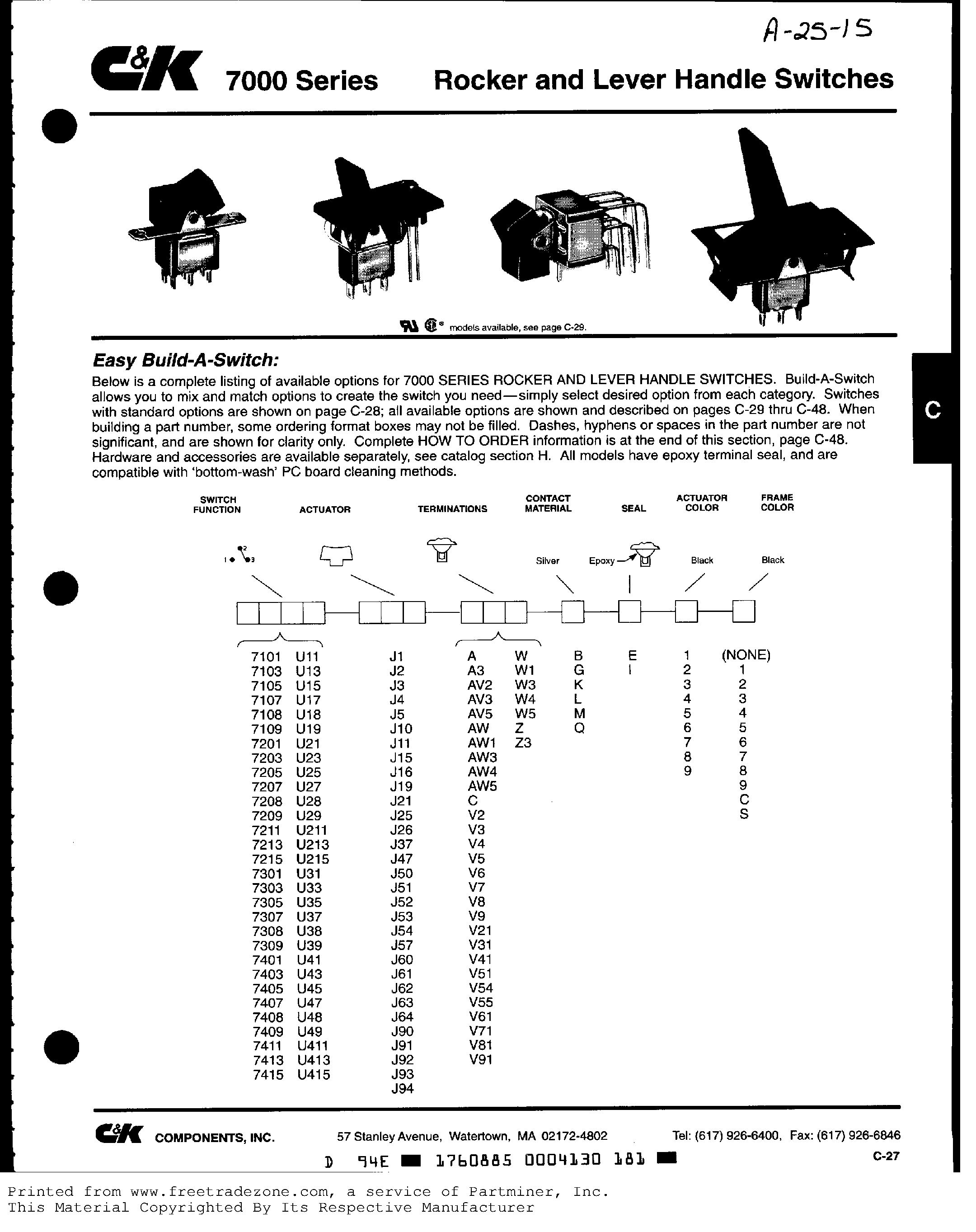 Datasheet 7201 page 1 Datasheet 7201 - Rocker and Lever Handle Switches page 1