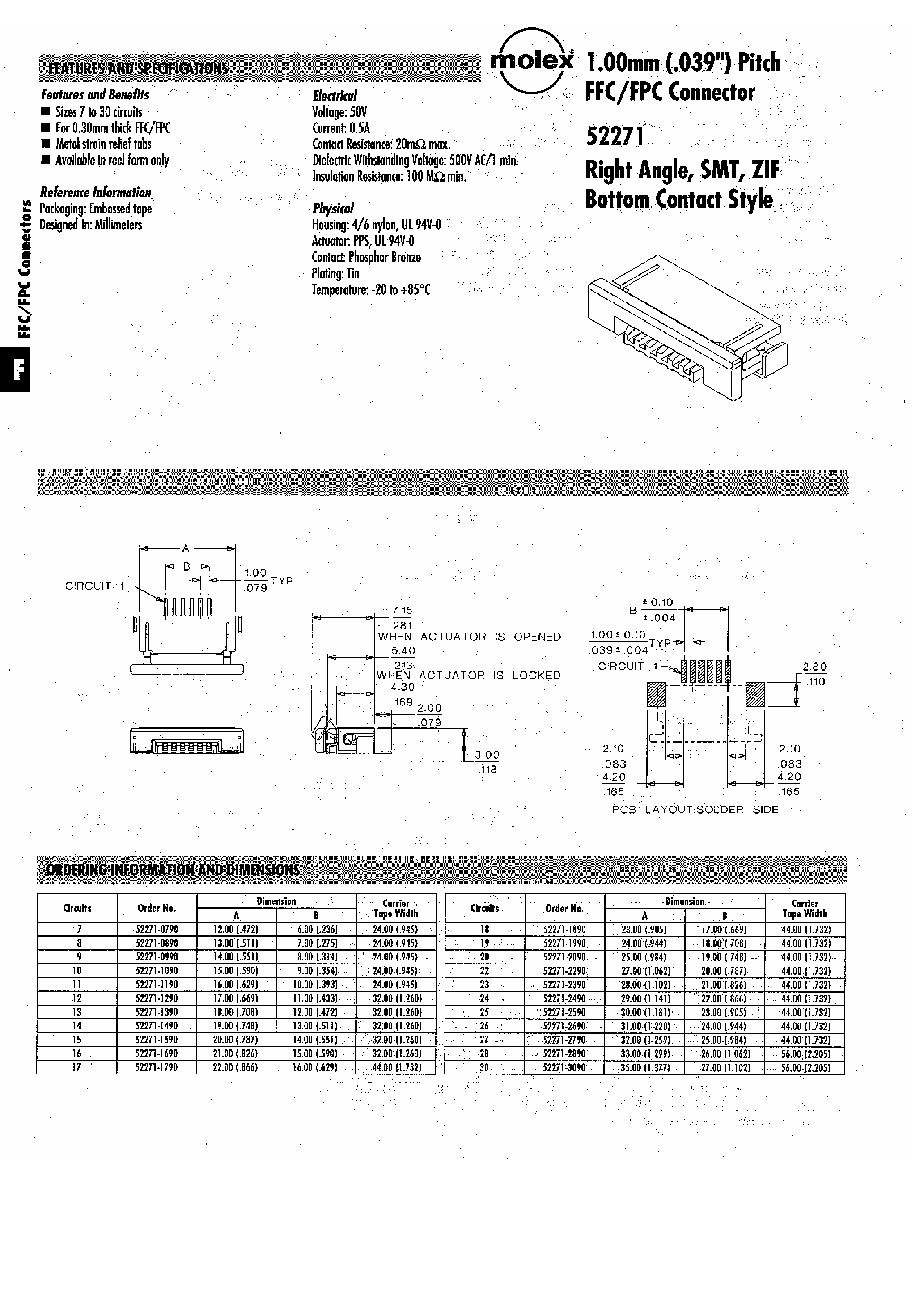 Даташит 52271-1890 - 1mm Pitch FFC/FPC Connector страница 1