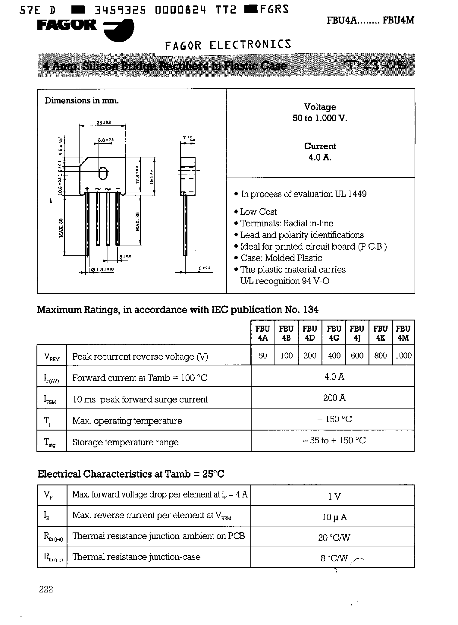 Даташит FBU4M - 4 Amp Silicon Bridge Rectifiers in Plastic Case страница 1