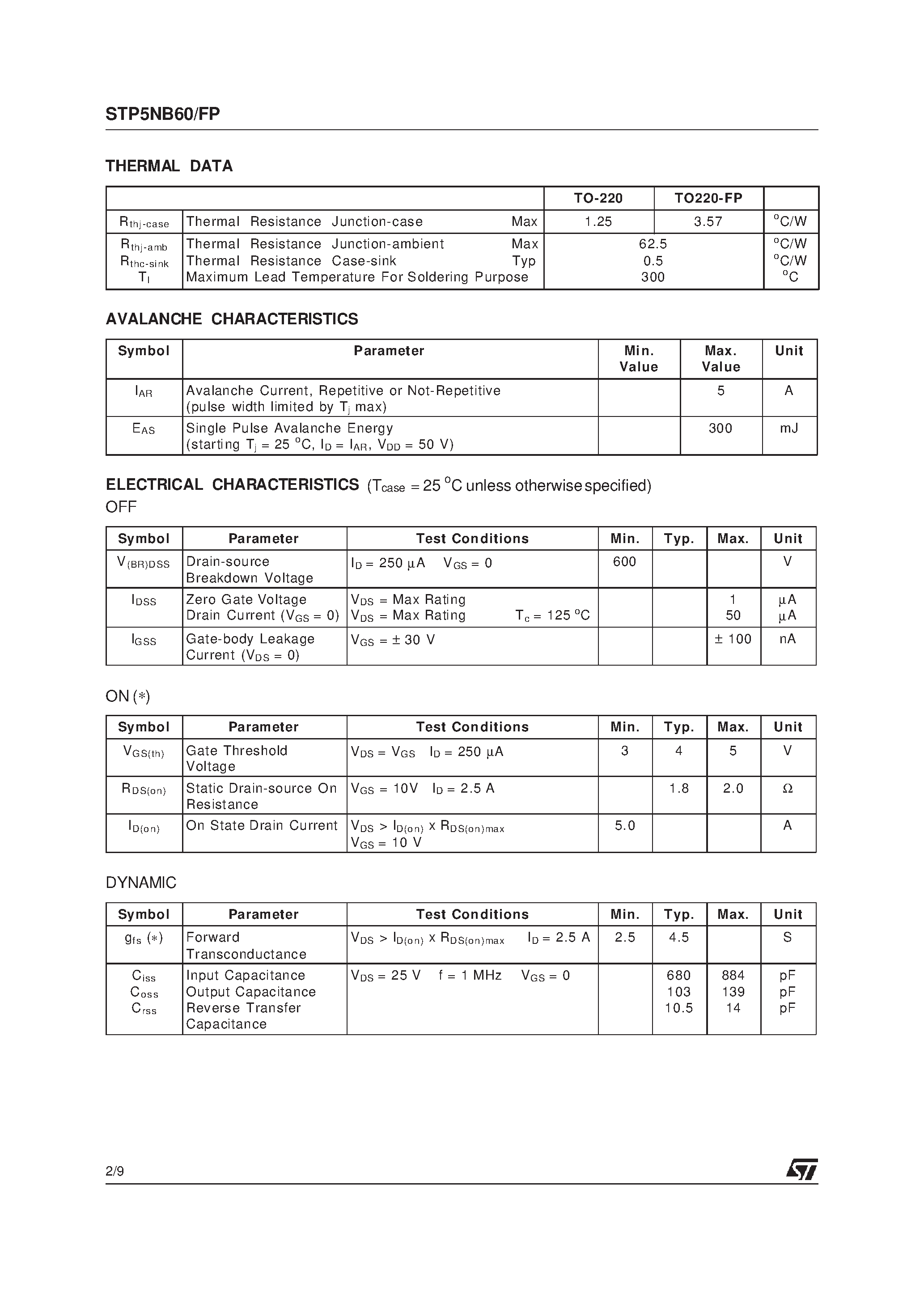 Datasheet STP5NB60 page 2 Datasheet STP5NB60 - N - CHANNEL 600V - 1.8ohm - 5A - TO-220/TO-220FP PowerMESH MOSFET page 2