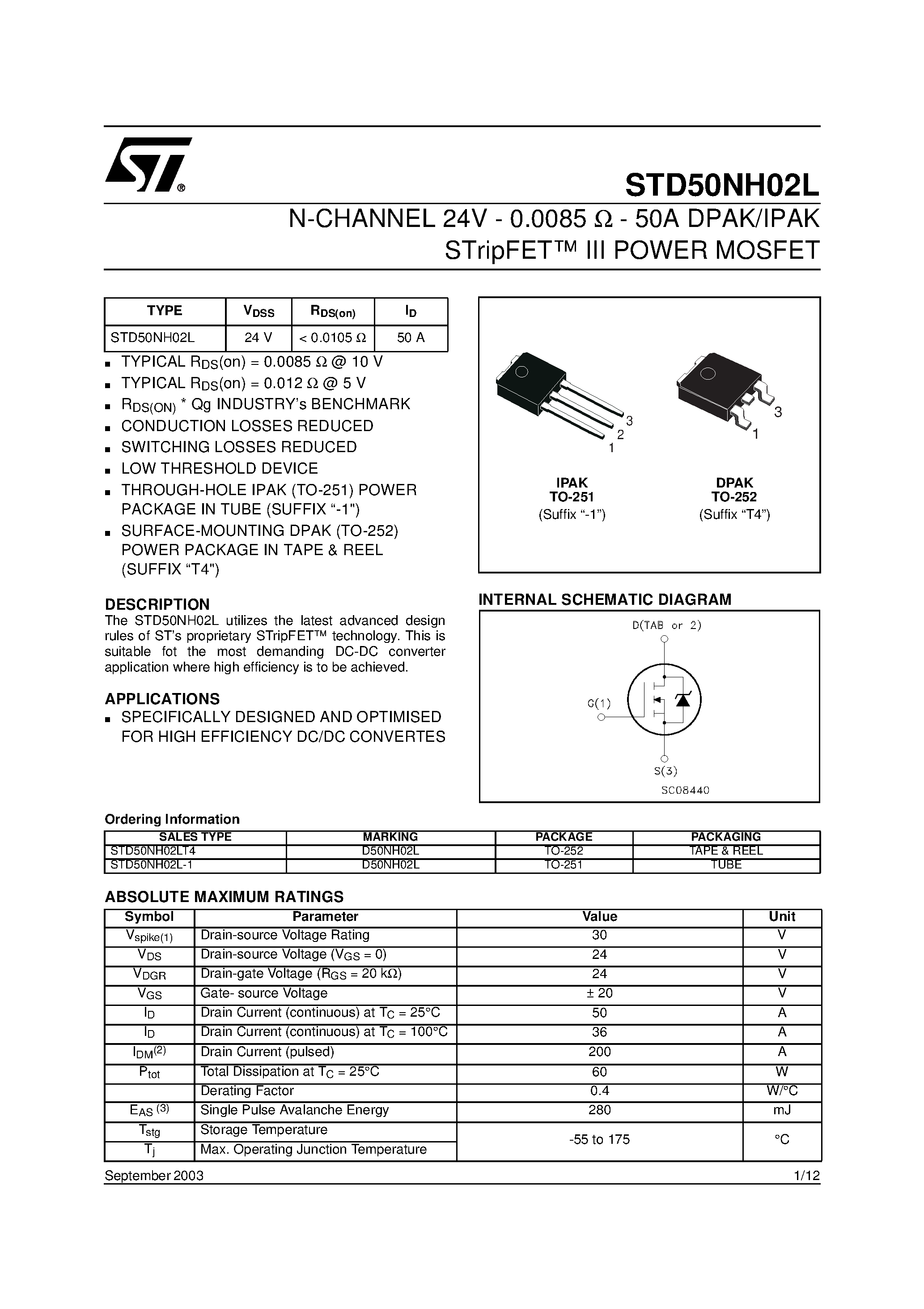Datasheet STD50NH02L - POWER MOSFET page 1