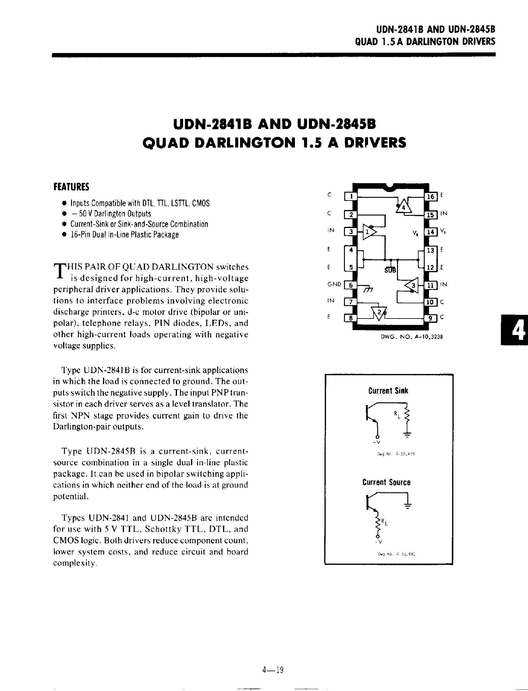Datasheet UDN2841B - Quad Darlington 1.5A Drivers page 1