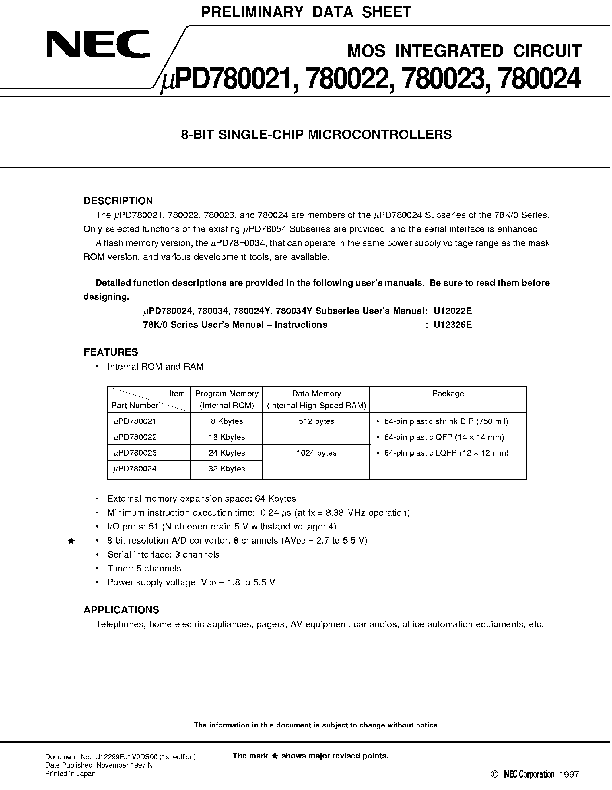 Даташит UPD780023 - (UPD78002x) 8 Bit Single-Chip Microcontrollers страница 1