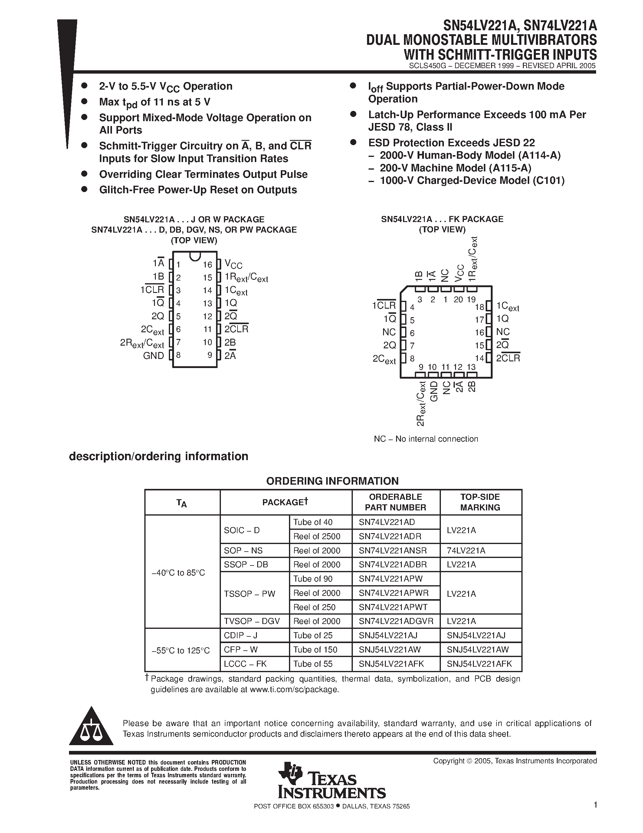 Datasheet 74LV221 - DUAL MONOSTABLE MULTIVIBRATORS WITH SCHMITT TRIGGER INPUTS page 1