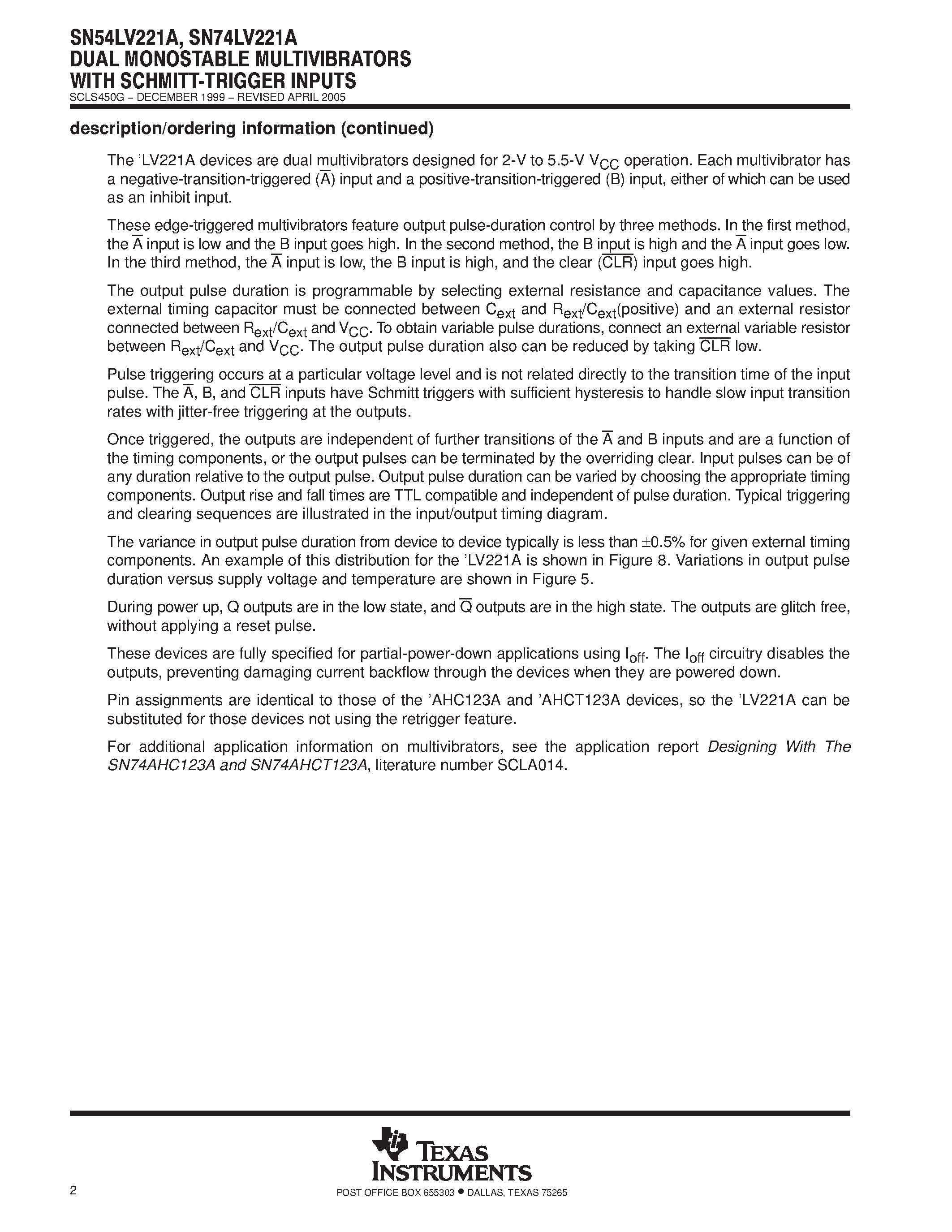 Даташит 74LV221 - DUAL MONOSTABLE MULTIVIBRATORS WITH SCHMITT TRIGGER INPUTS страница 2