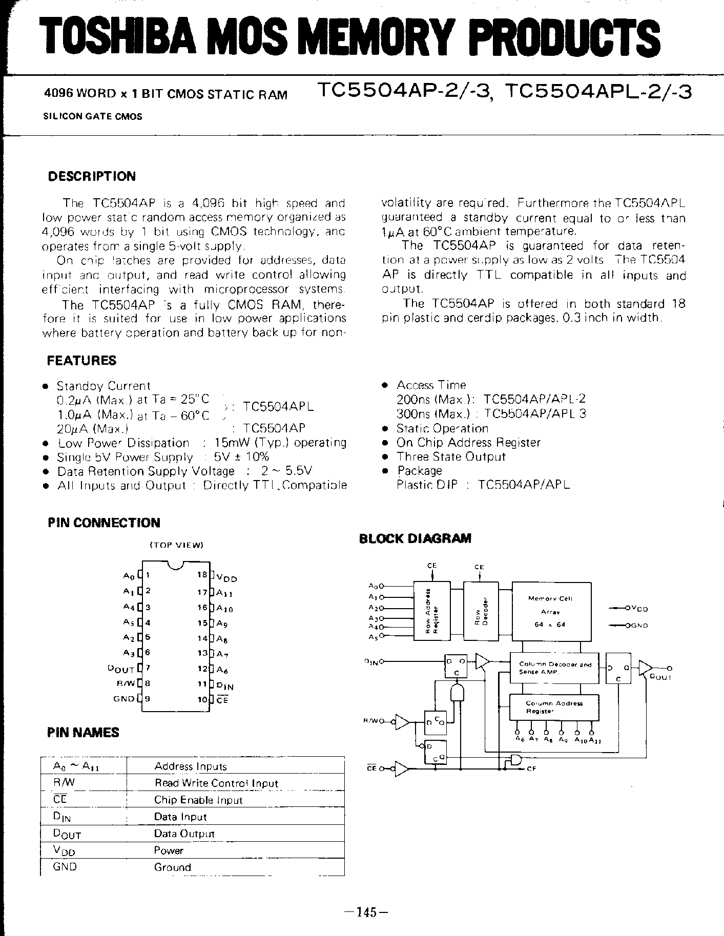Даташит TC5504A - 4096 word x 1 Bit CMOS Static RAM страница 1