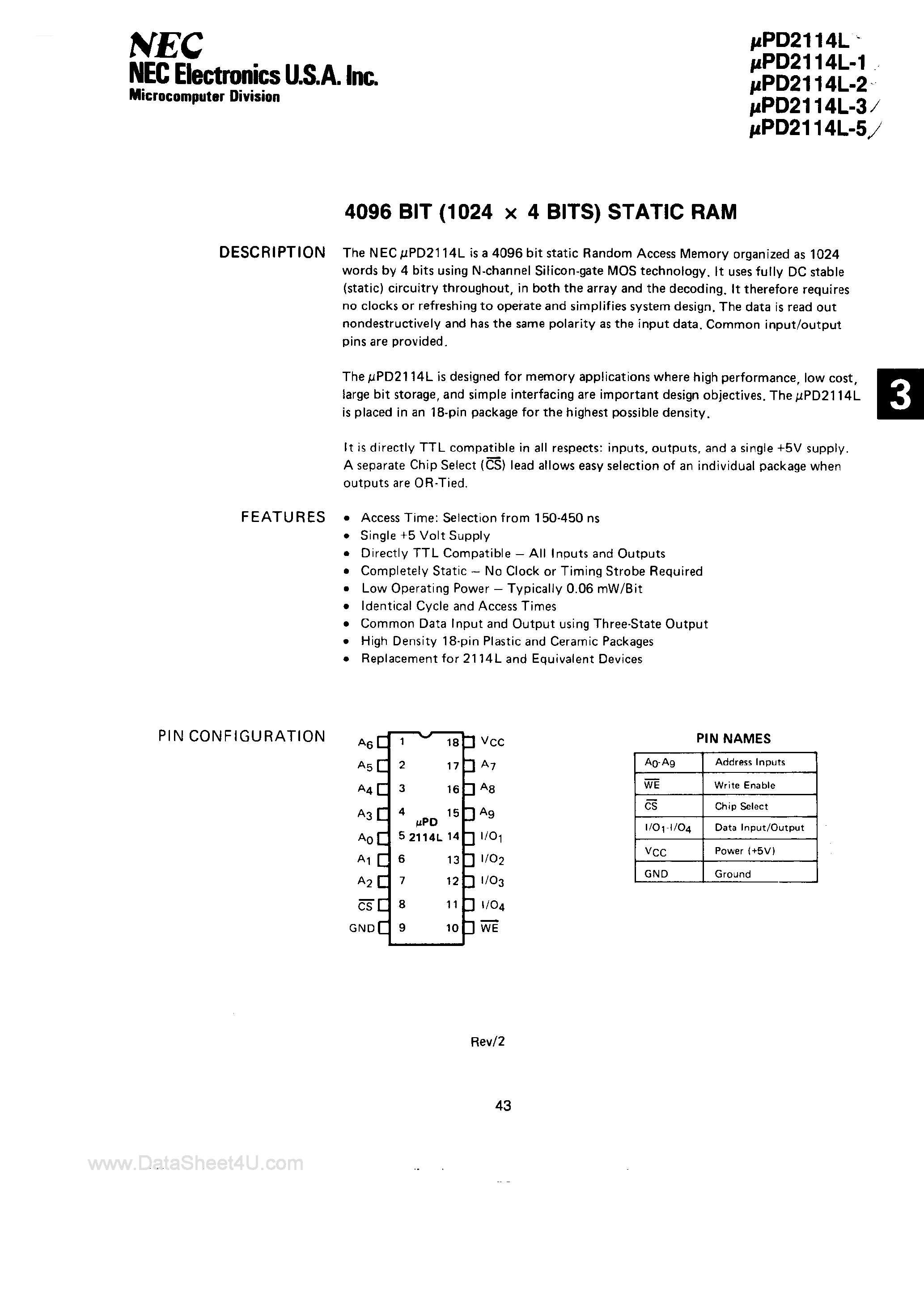 Datasheet UPD2114L page 1 Datasheet UPD2114L - 4096 Bit Static RAM page 1