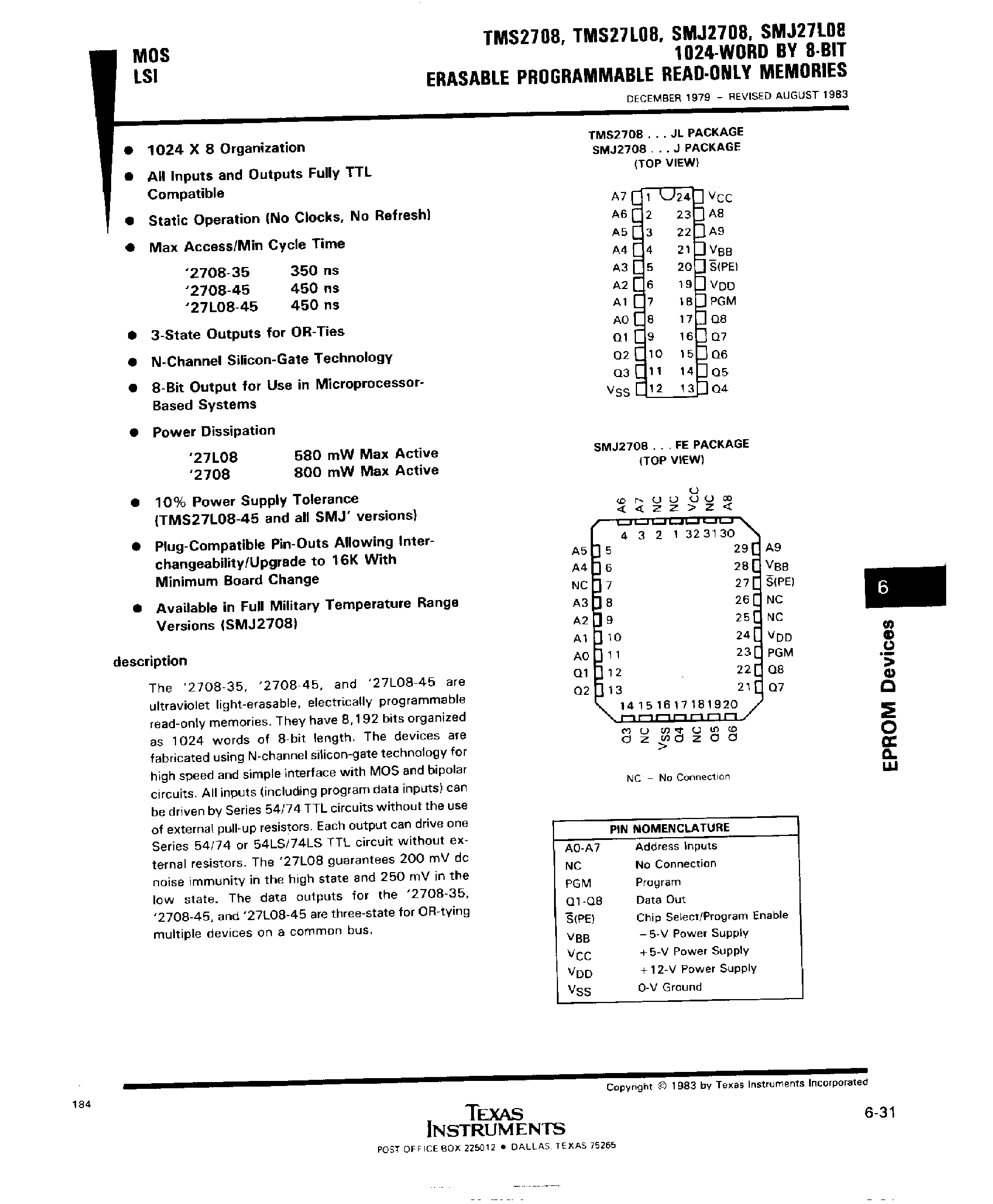 Datasheet TMS2708 - 1024 word x 8 Bit EPROM page 1