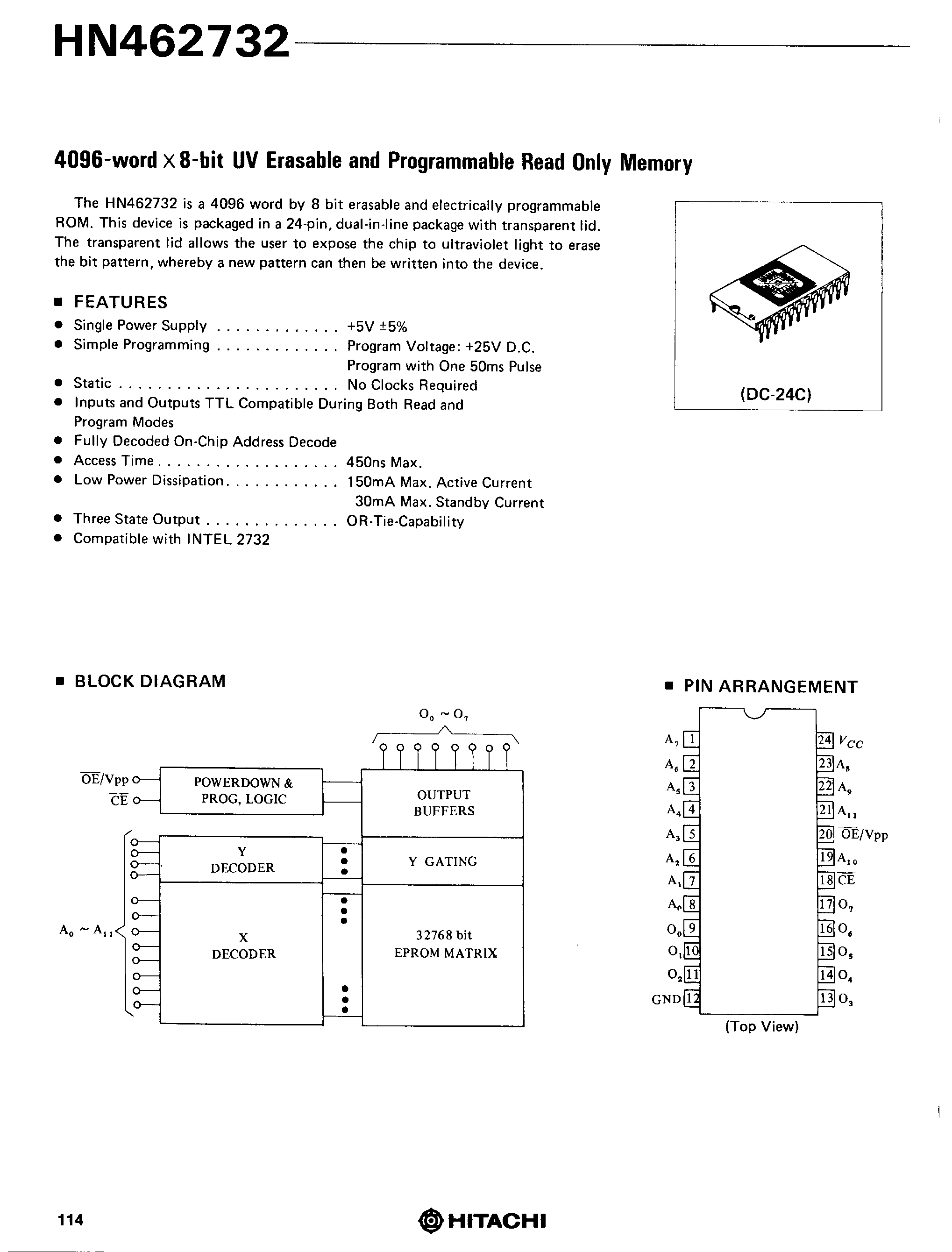 Даташит на микросхему HN462732 страница 1 Даташит HN462732 - 4096 word x 8 Bit UV Erasable and EPROM страница 1
