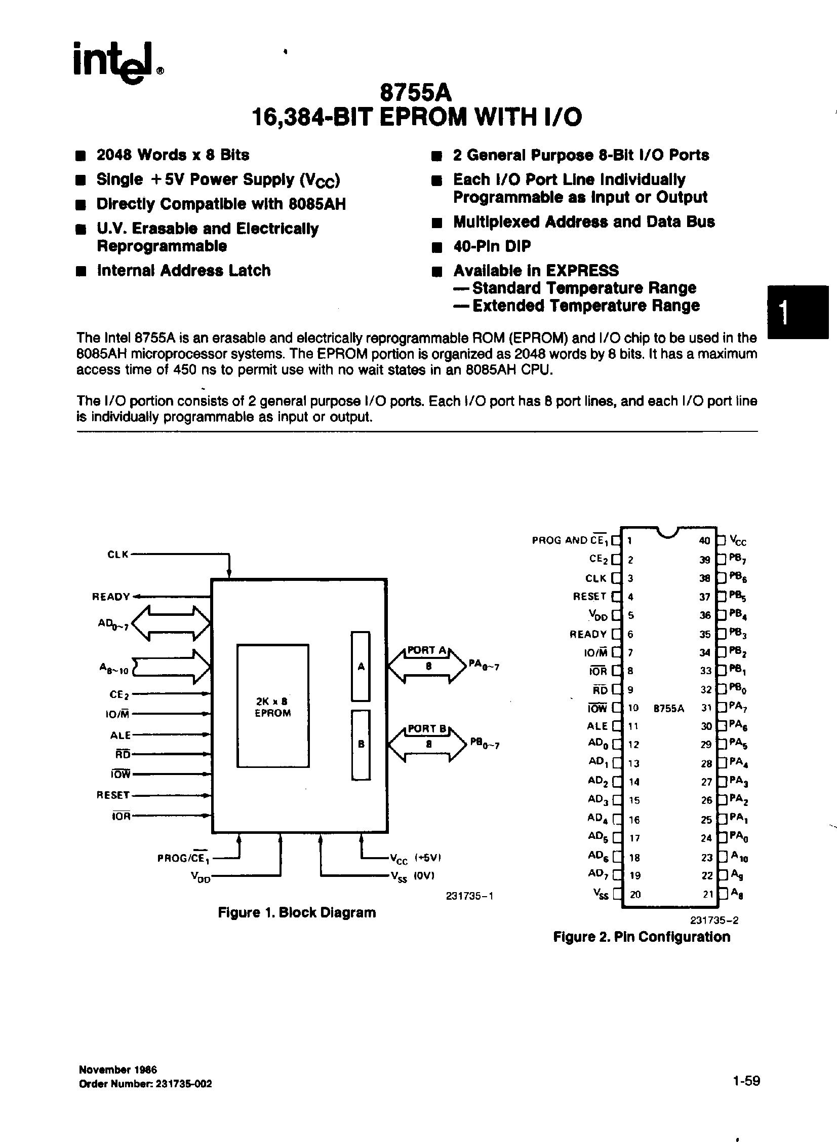 Даташит D8755A - 16384-BIT EPROM WITH I/O страница 1