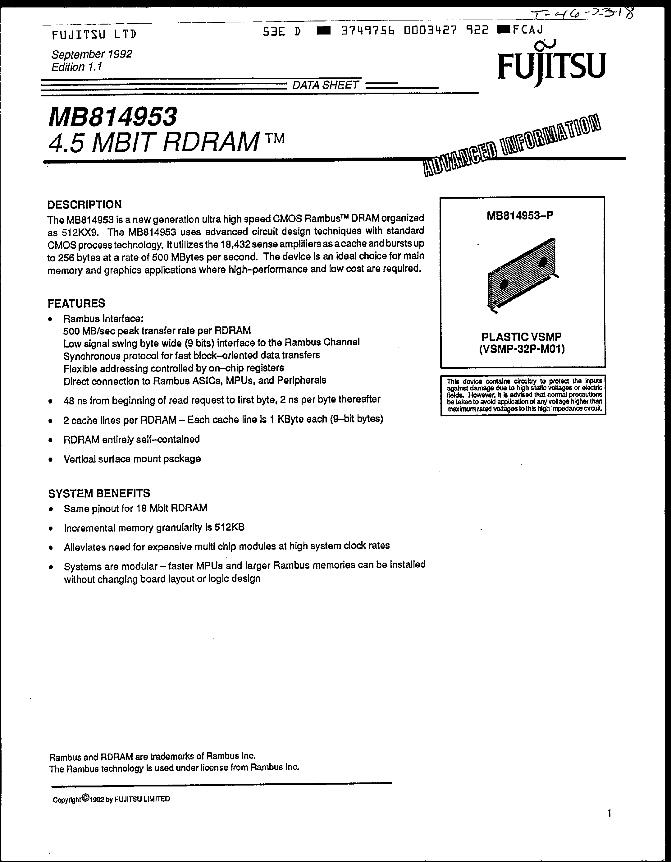 Datasheet MB814953 - 4.5 MBit RDRAM page 1