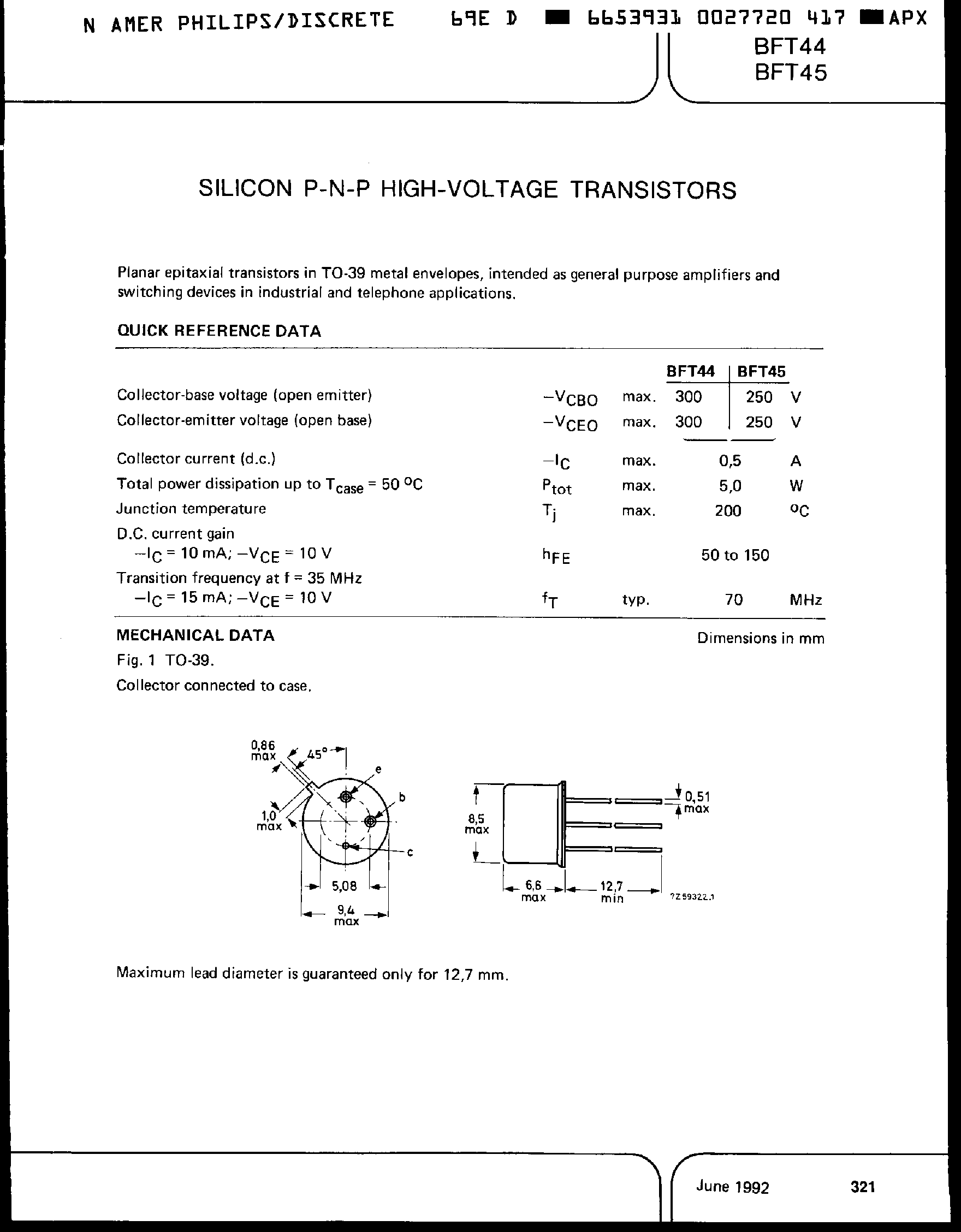 Даташит BFT44 - Silicon PNP High Voltage Transistors страница 1