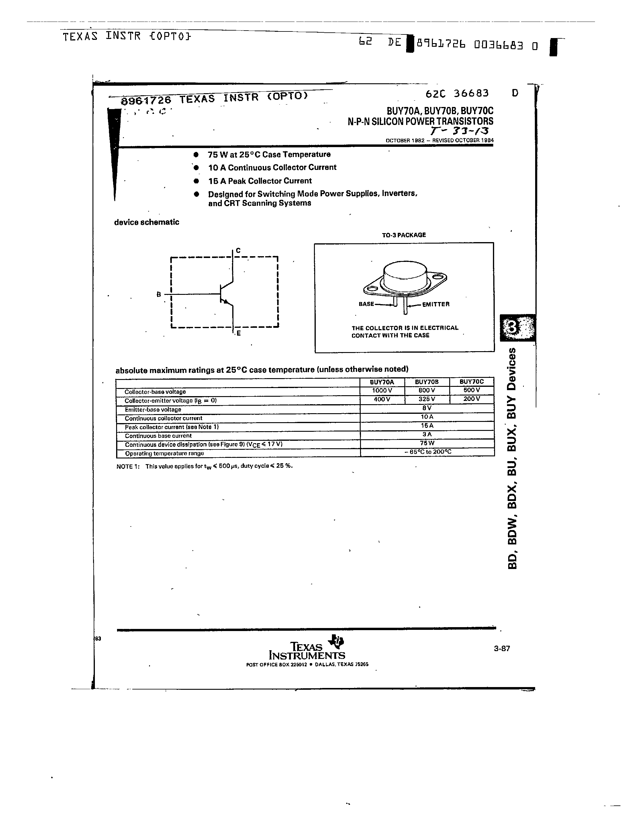 Datasheet BUY70A page 1 Datasheet BUY70A - N P N SILICON POWER TRANSISTORS page 1