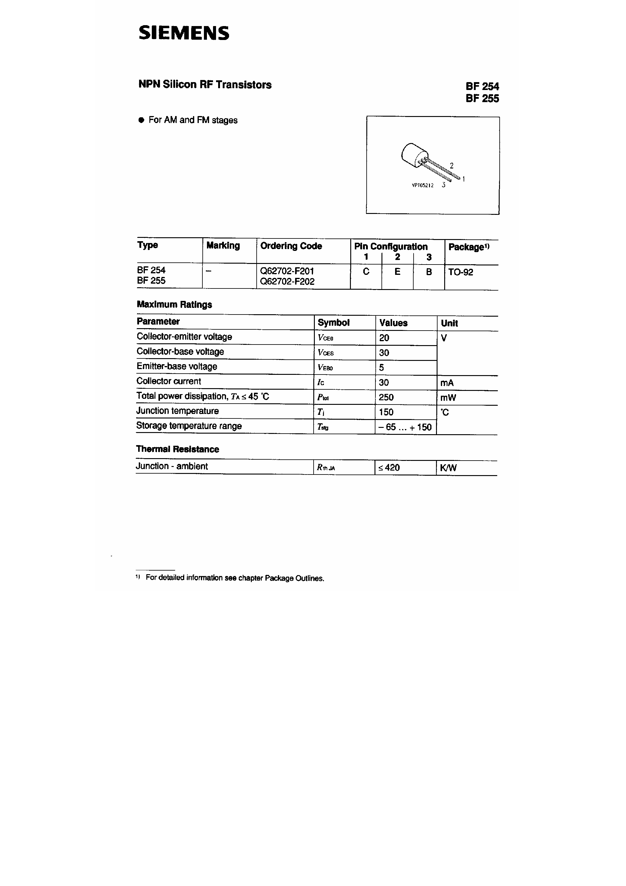 Даташит на микросхему BF254 страница 1 Даташит BF254 - NPN Silicon RF Transistors страница 1