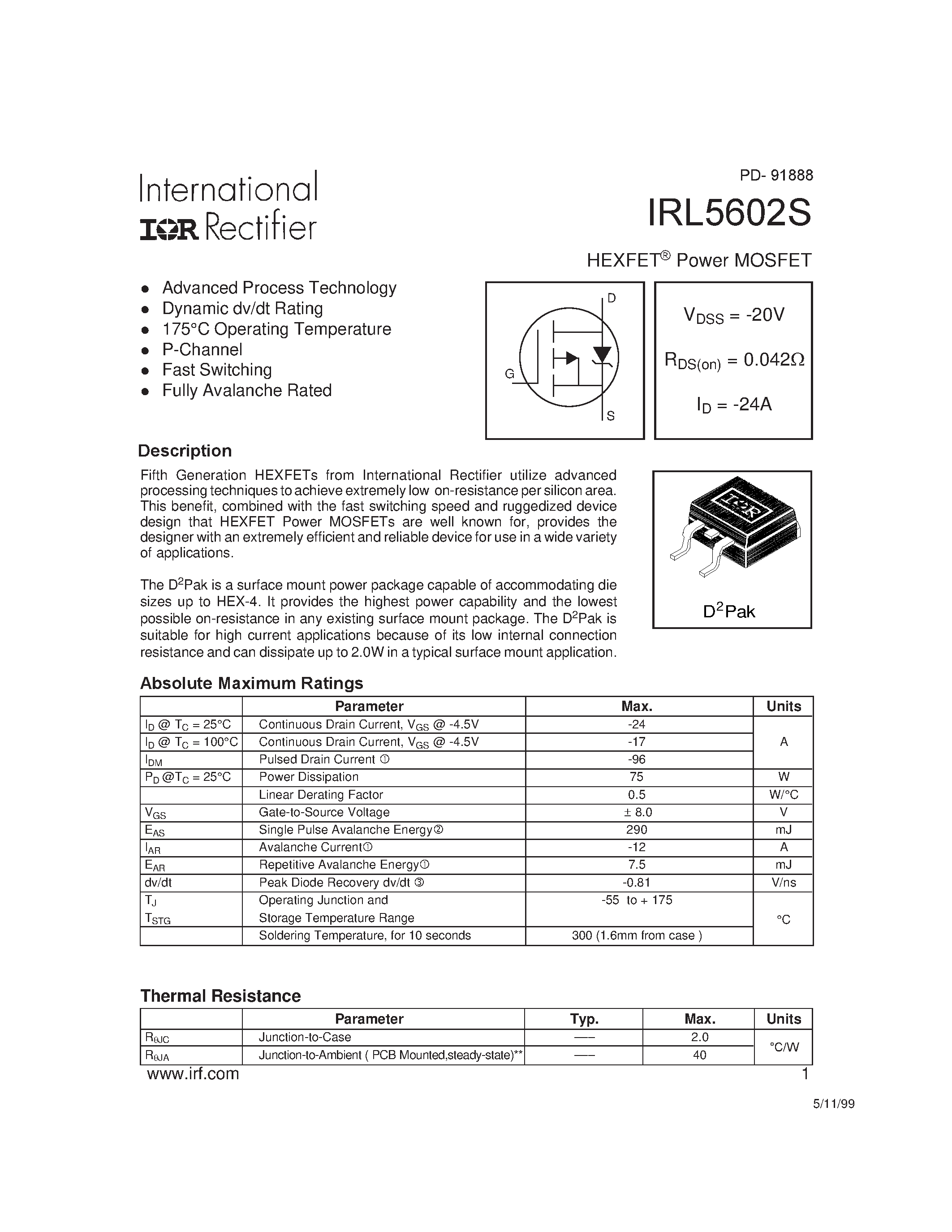 Datasheet IRL5602S page 1 Datasheet IRL5602S - HEXFET Power MOSFET page 1