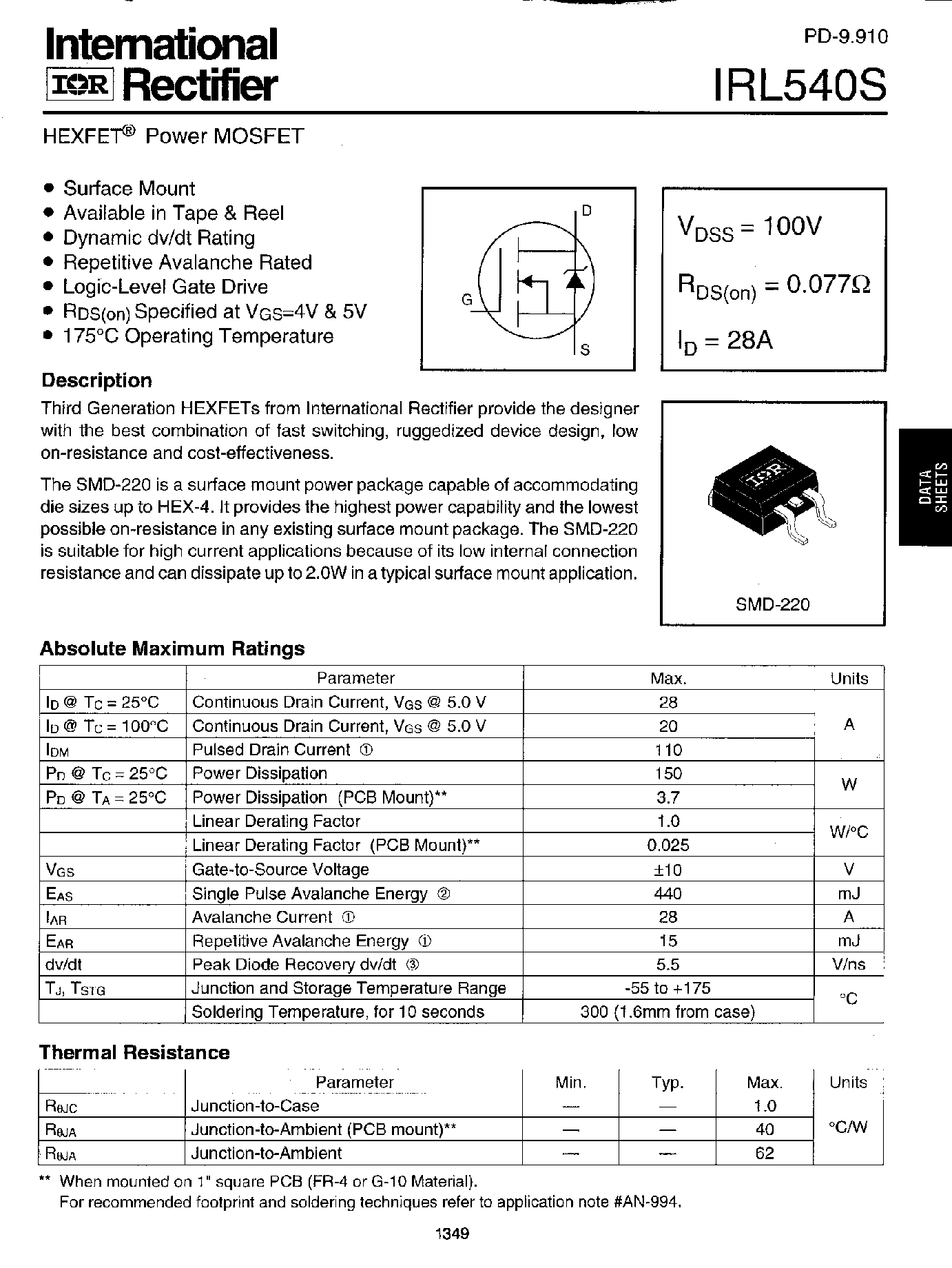 Datasheet IRL540S - HEXFET POWER MOSFET page 1