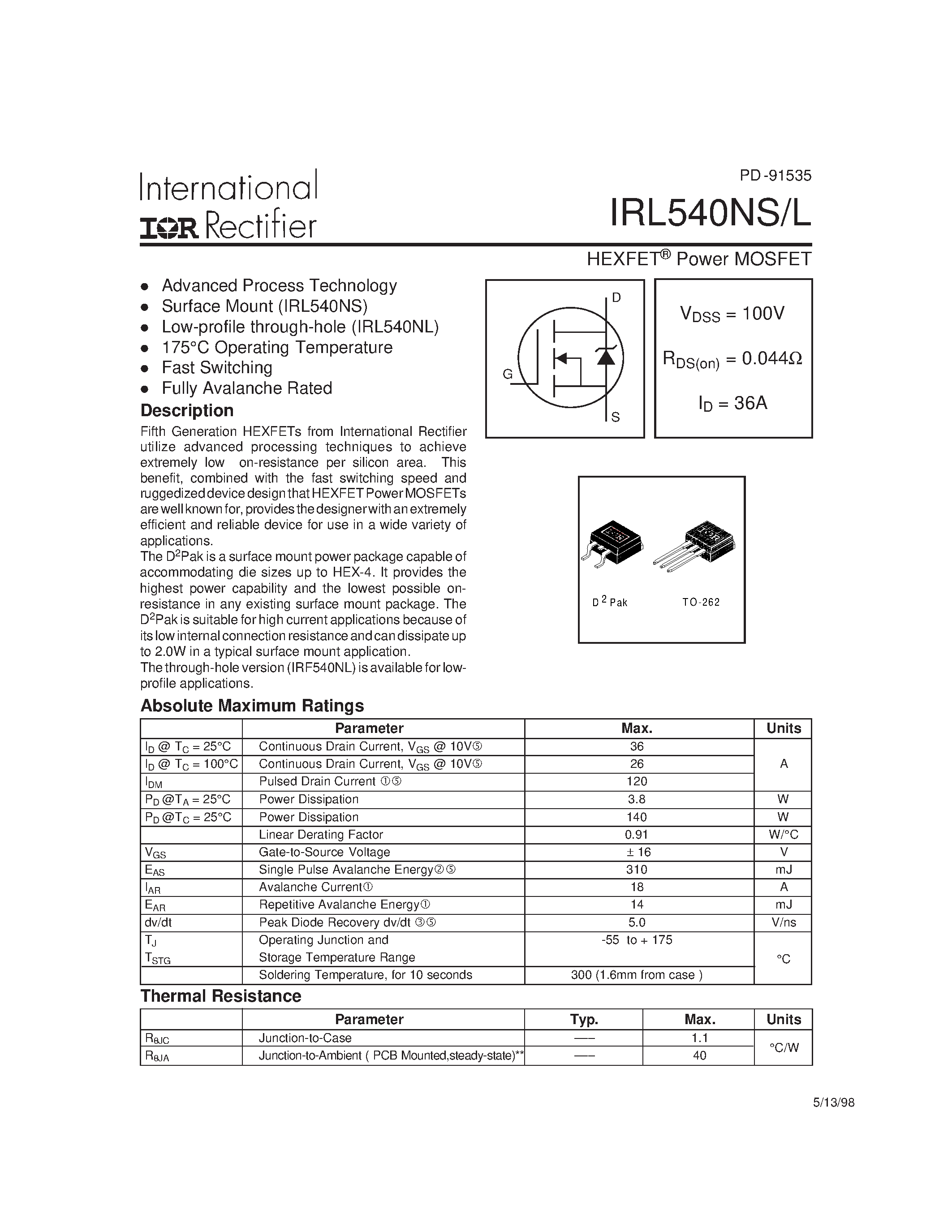 Datasheet IRL540NS - HEXFET Power MOSFET page 1