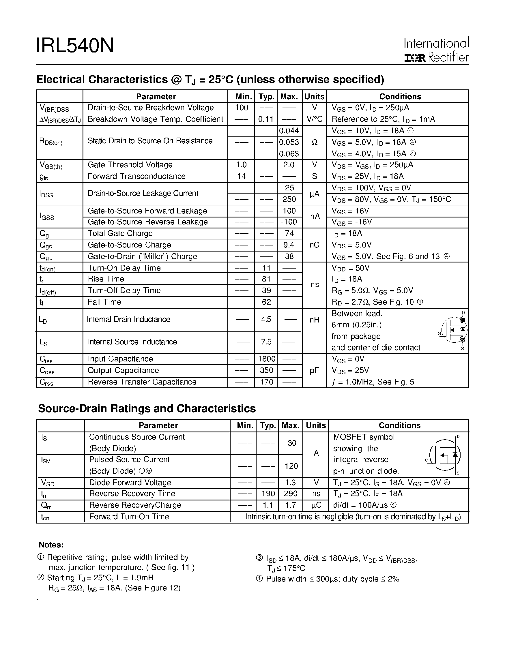 Даташит IRL540N - HEXFET Power MOSFET страница 2