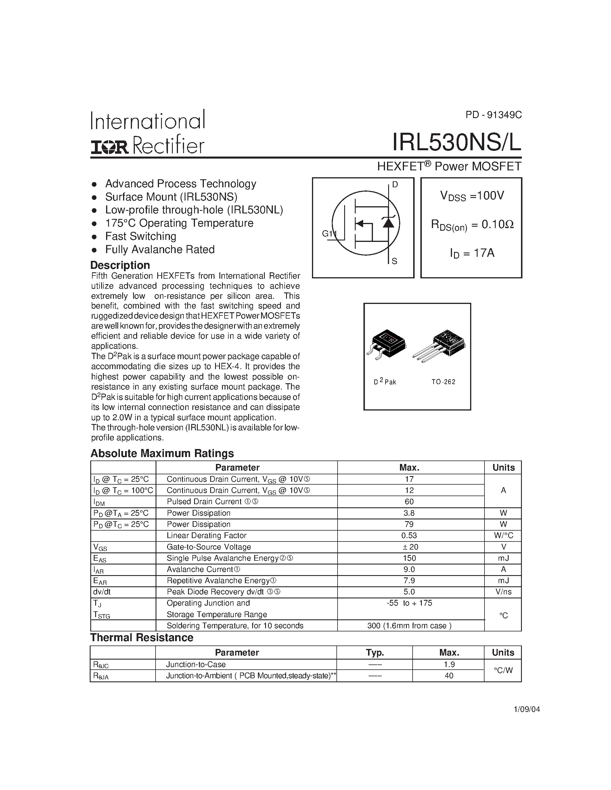 Datasheet IRL530NS page 1 Datasheet IRL530NS - HEXFET Power MOSFET page 1