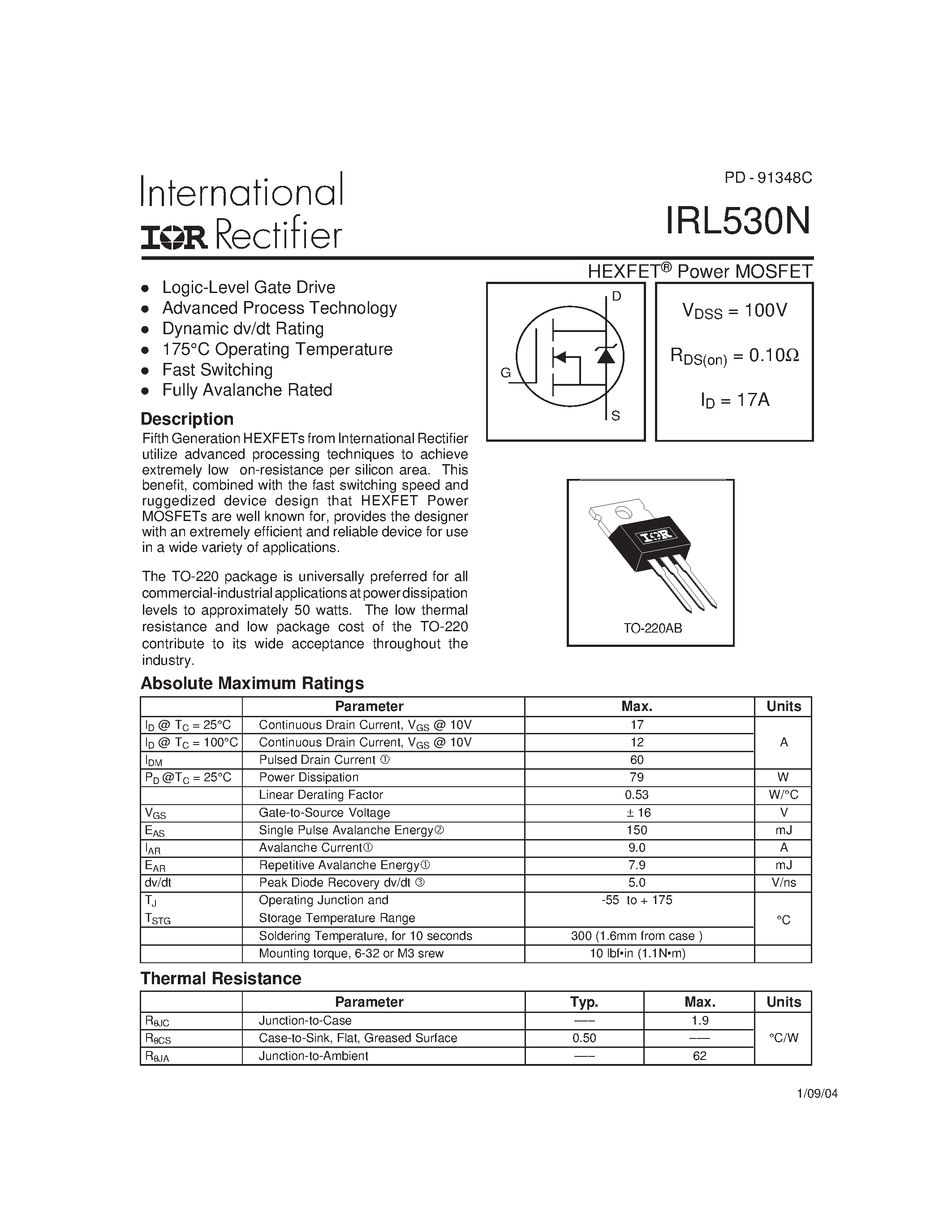 Datasheet IRL530N - HEXFET Power MOSFET page 1